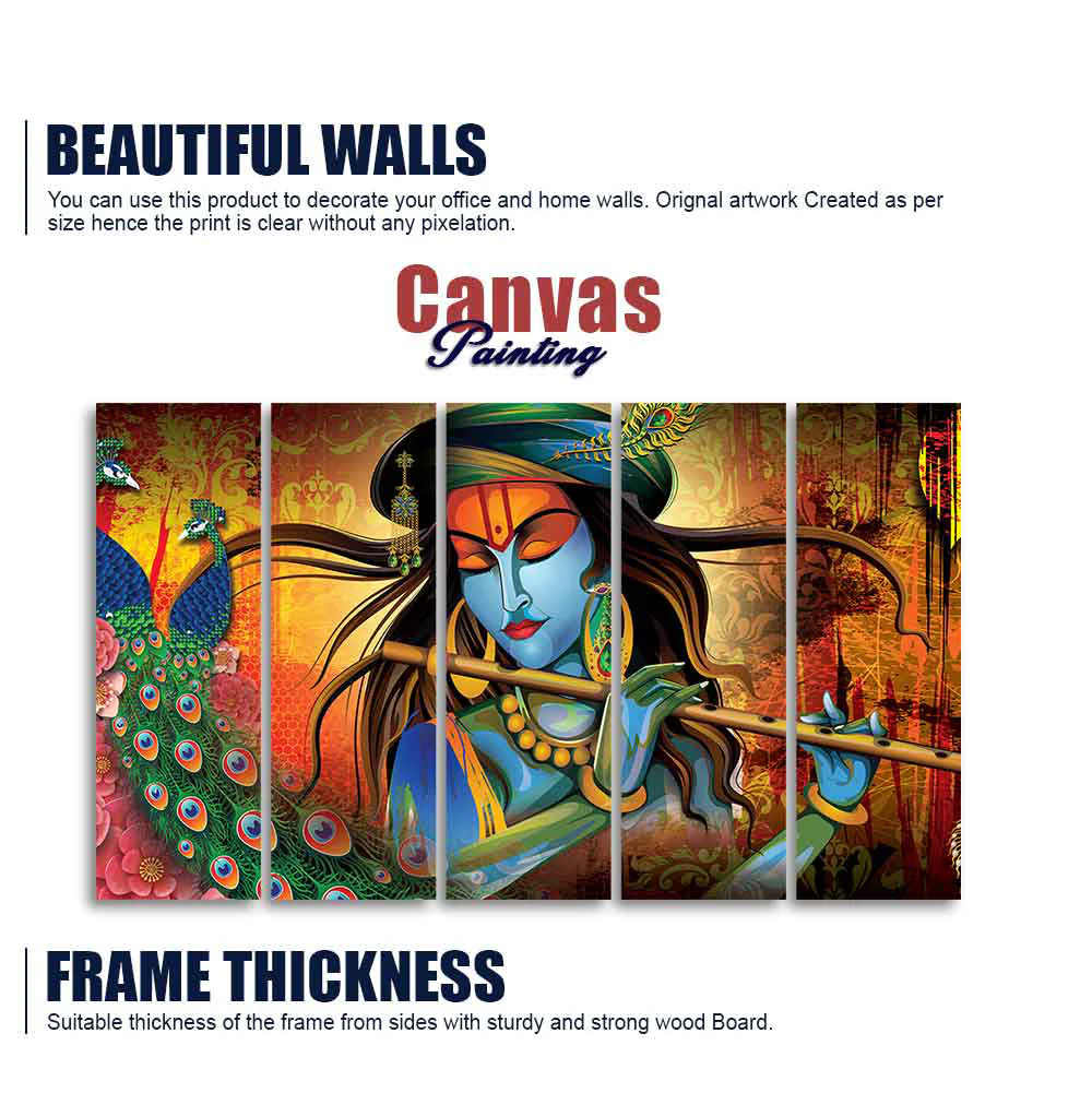 Classic Lord Krishna Premium Wall Painting of Five Pieces - Image 5
