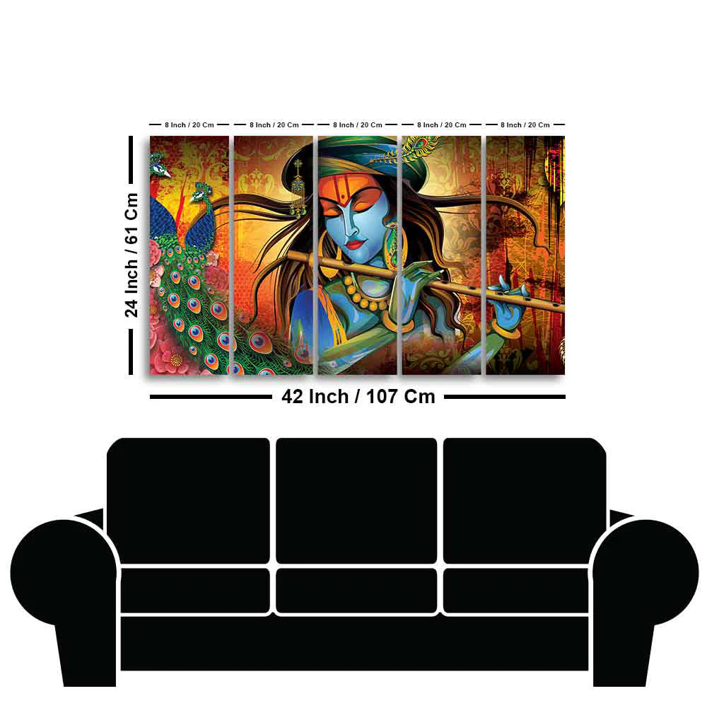Classic Lord Krishna Premium Wall Painting of Five Pieces - Image 6