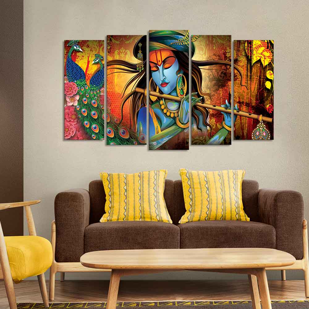 Classic Lord Krishna Premium Wall Painting Set of Five Pieces - Image 2