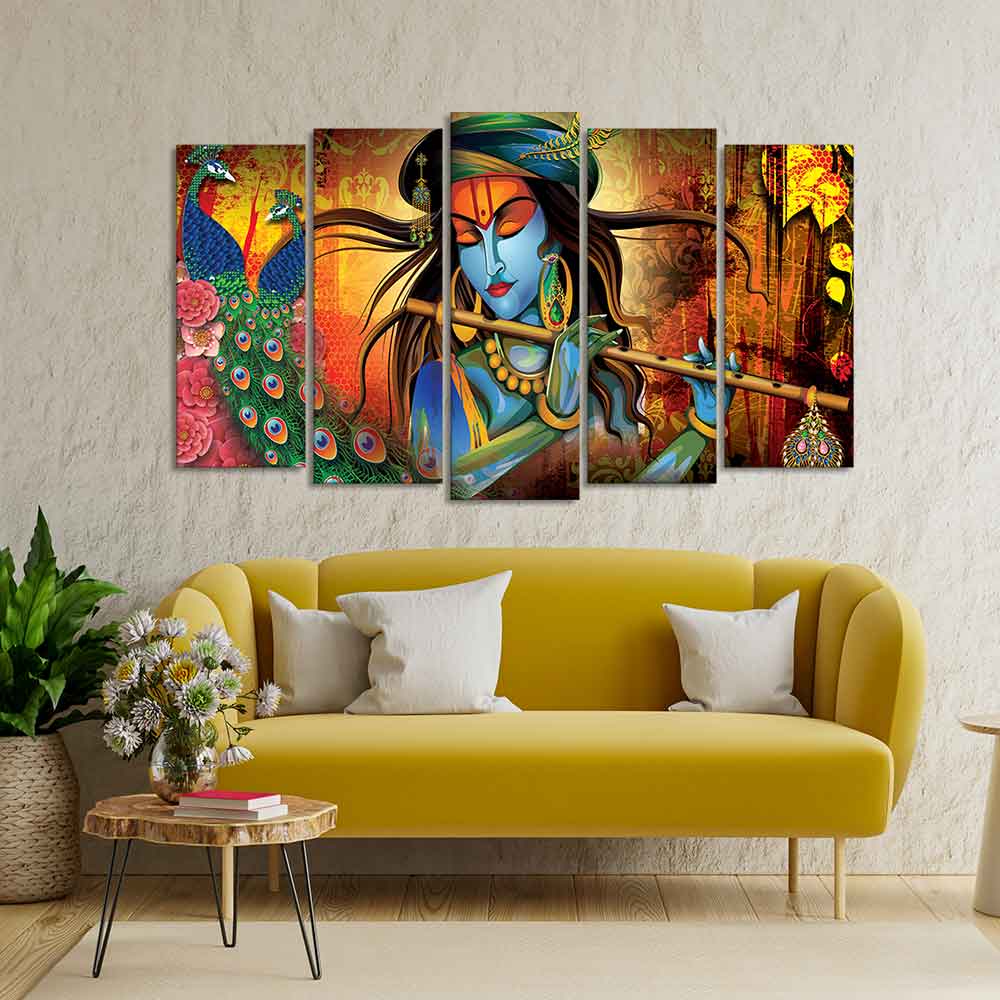 Classic Lord Krishna Premium Wall Painting Set of Five Pieces - Image 3