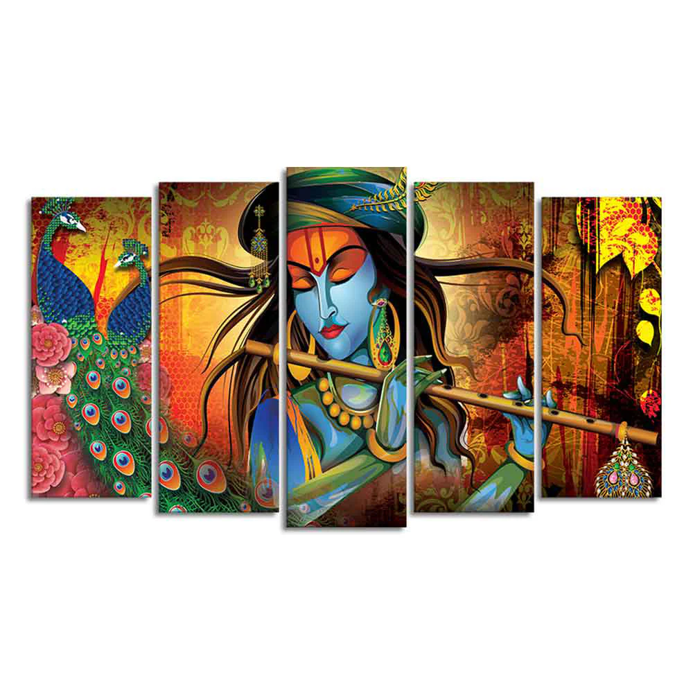 Classic Lord Krishna Premium Wall Painting Set of Five Pieces - Image 4