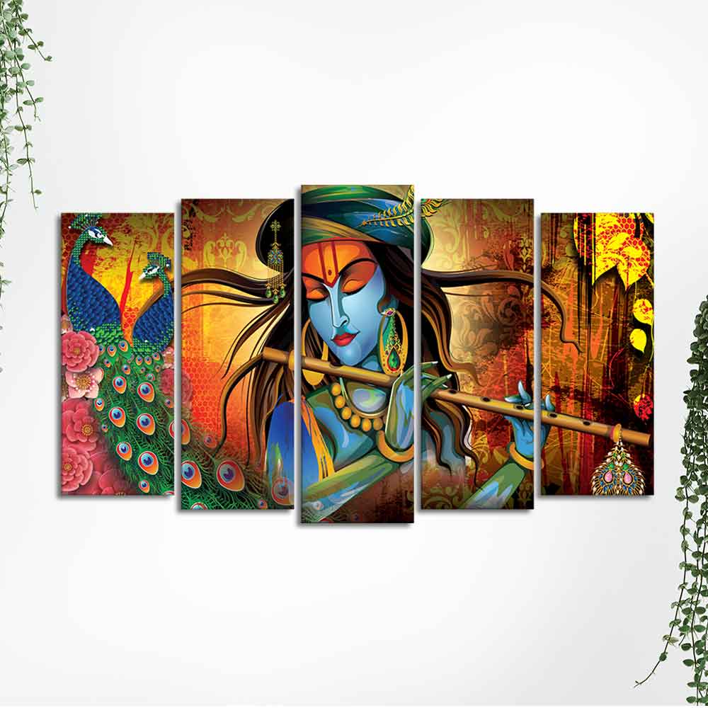 Classic Lord Krishna Premium Wall Painting Set of Five Pieces - Image 5