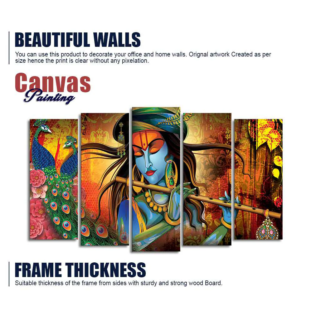 Classic Lord Krishna Premium Wall Painting Set of Five Pieces - Image 6