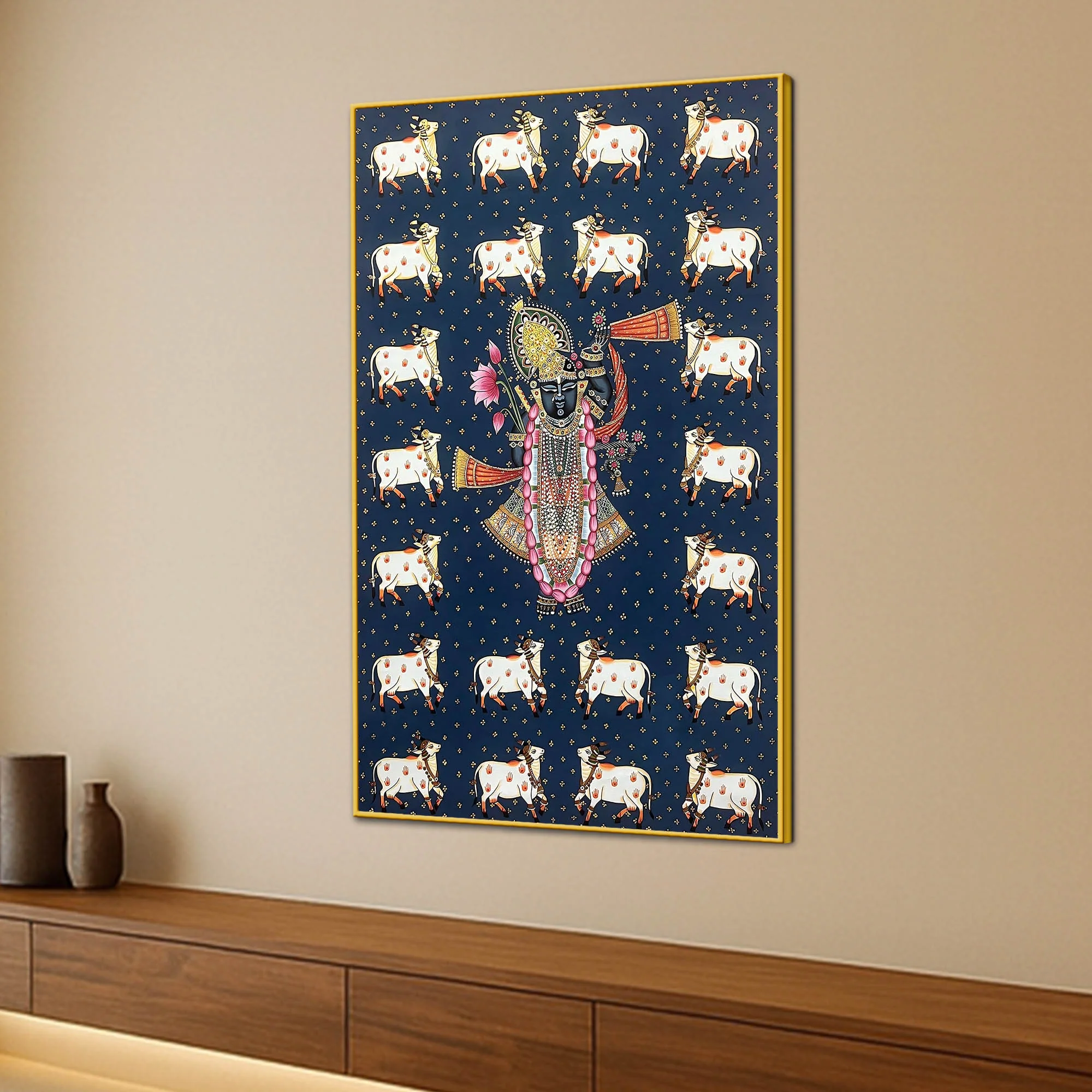 Classic Nathdwara Shreenathji Cow Theme Pichwai Canvas Wall Painting for Home - Image 3