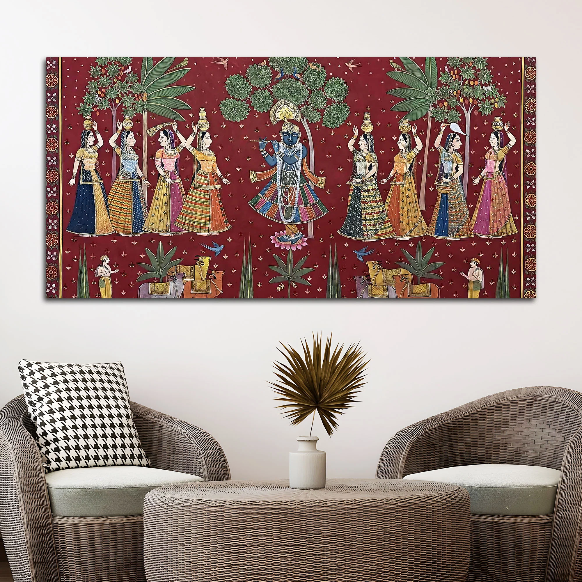 Classic Nathdwara Style Shri Krishna Raas Leela Pichwai Canvas Wall Painting - Image 3