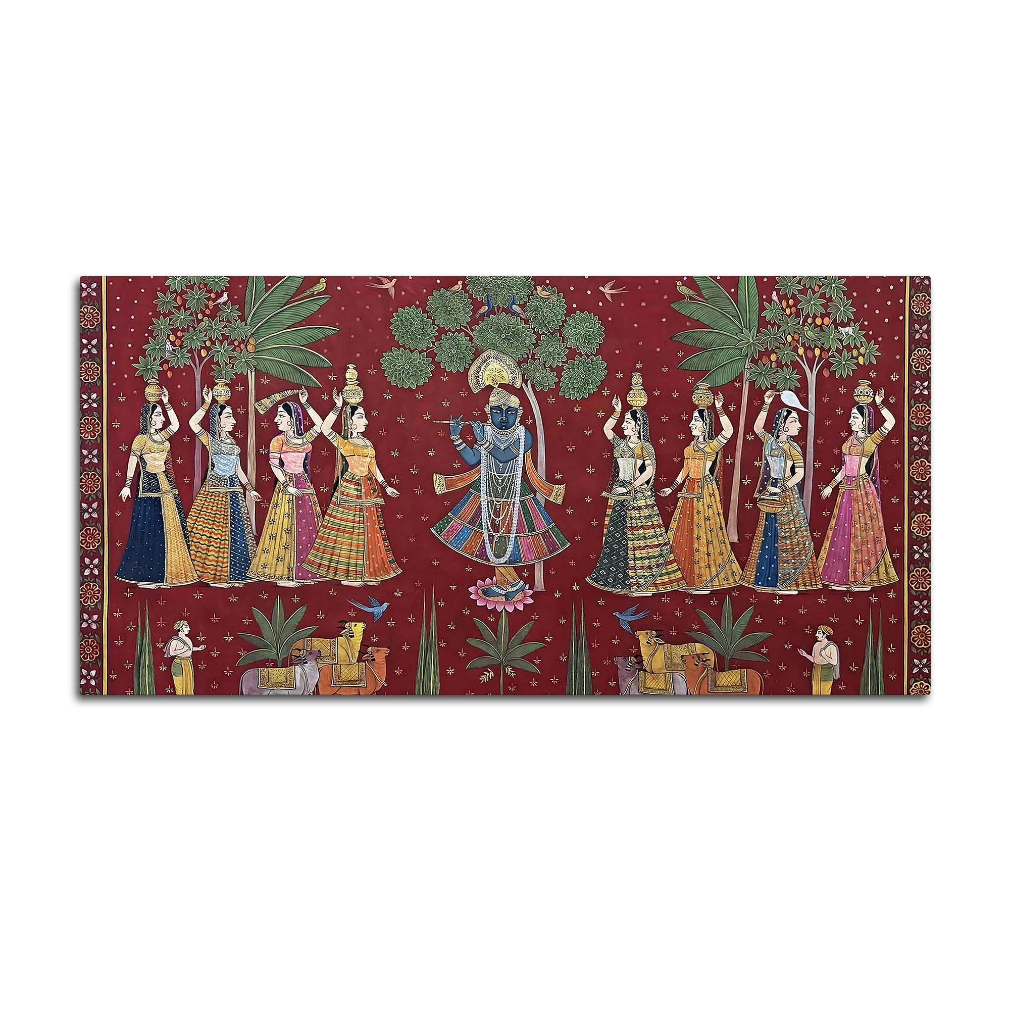 Classic Nathdwara Style Shri Krishna Raas Leela Pichwai Canvas Wall Painting - Image 4