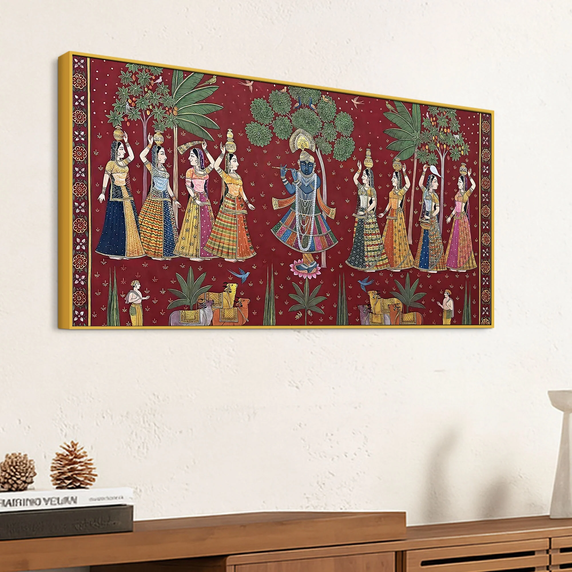 Classic Nathdwara Style Shri Krishna Raas Leela Pichwai Canvas Wall Painting - Image 5