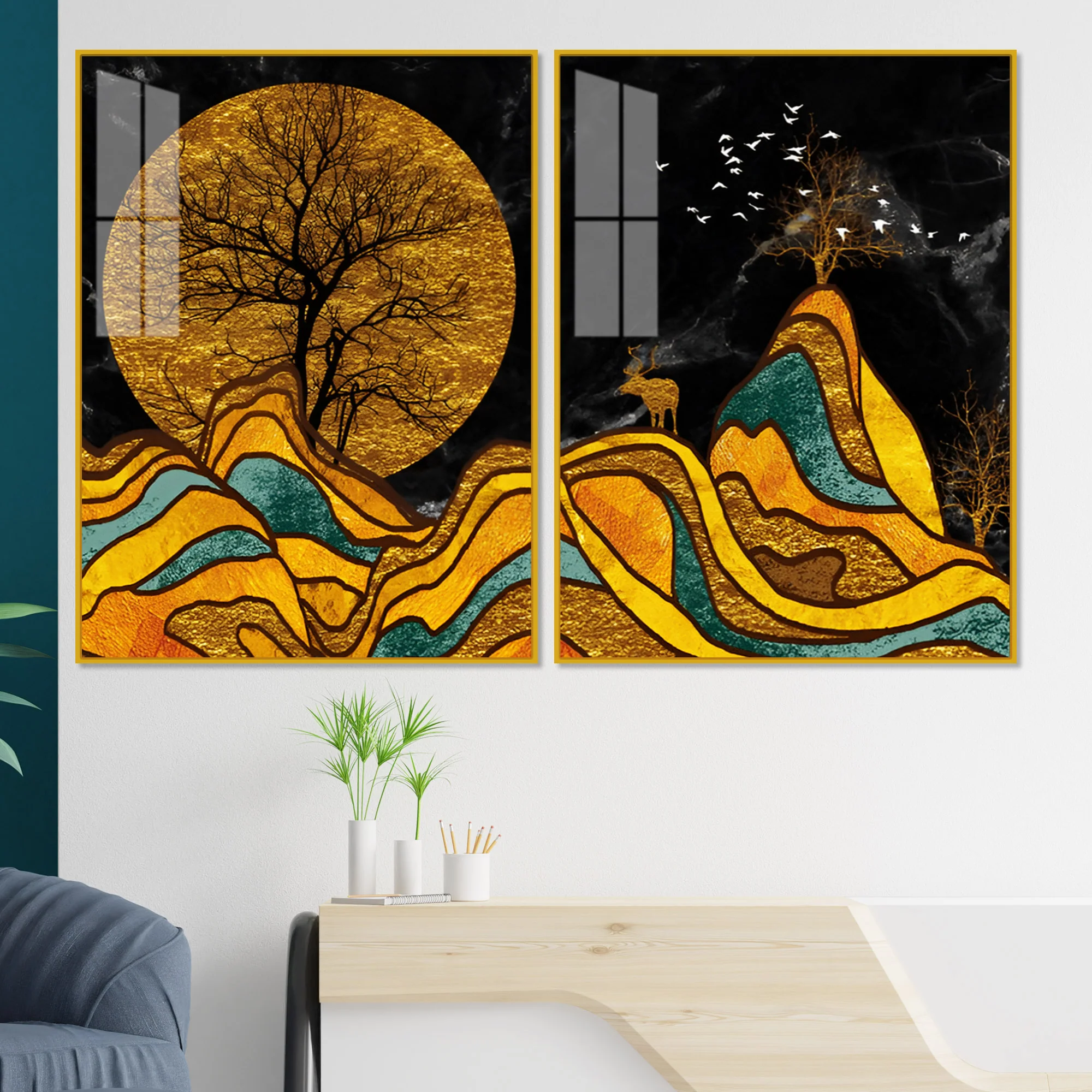 Classic Nature Art with Golden Textured Acrylic Art Floating Wall Painting Set of 2 - Image 2
