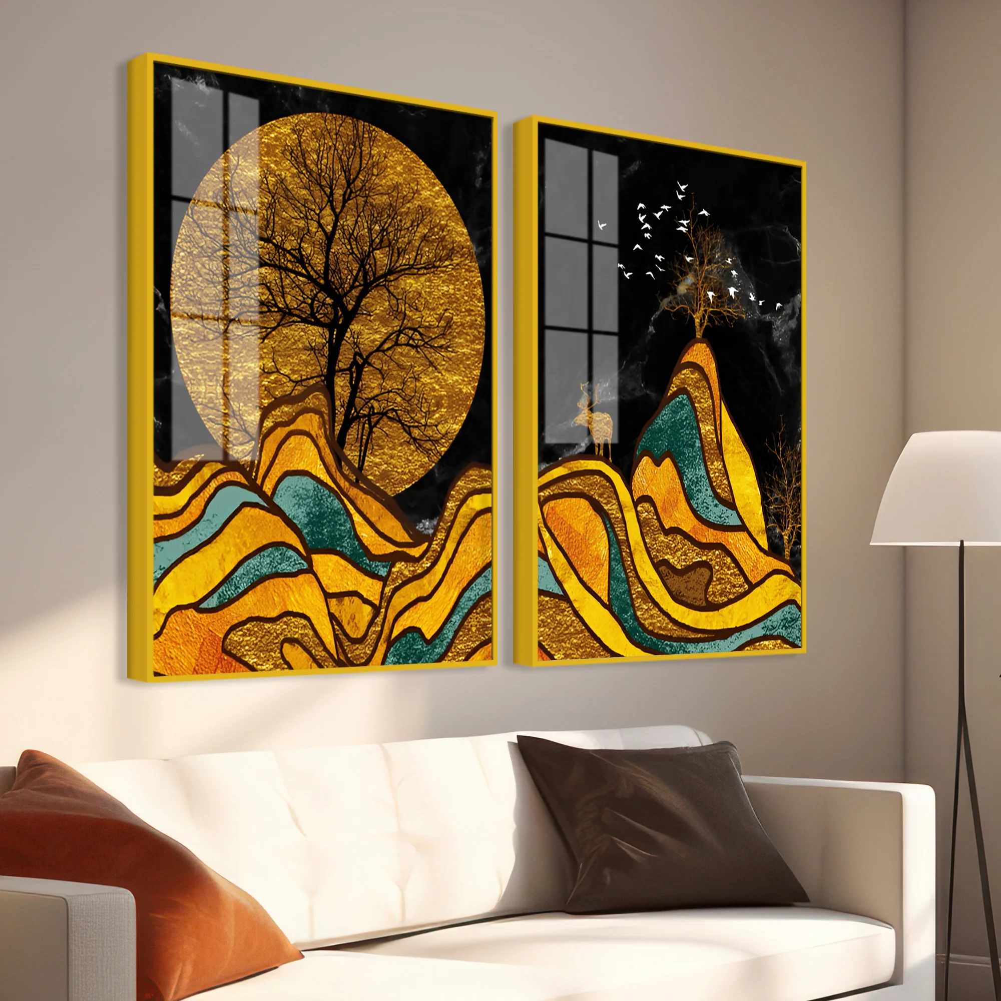 Classic Nature Art with Golden Textured Acrylic Art Floating Wall Painting Set of 2 - Image 3