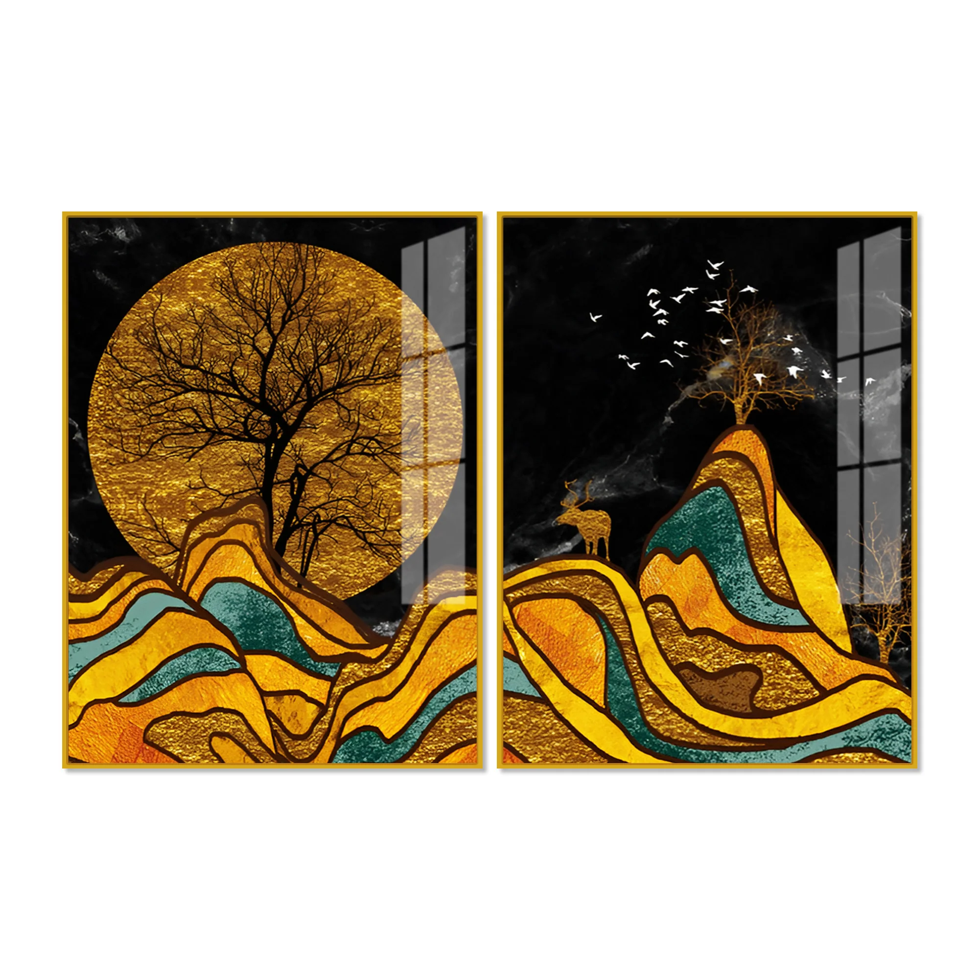 Classic Nature Art with Golden Textured Acrylic Art Floating Wall Painting Set of 2 - Image 4
