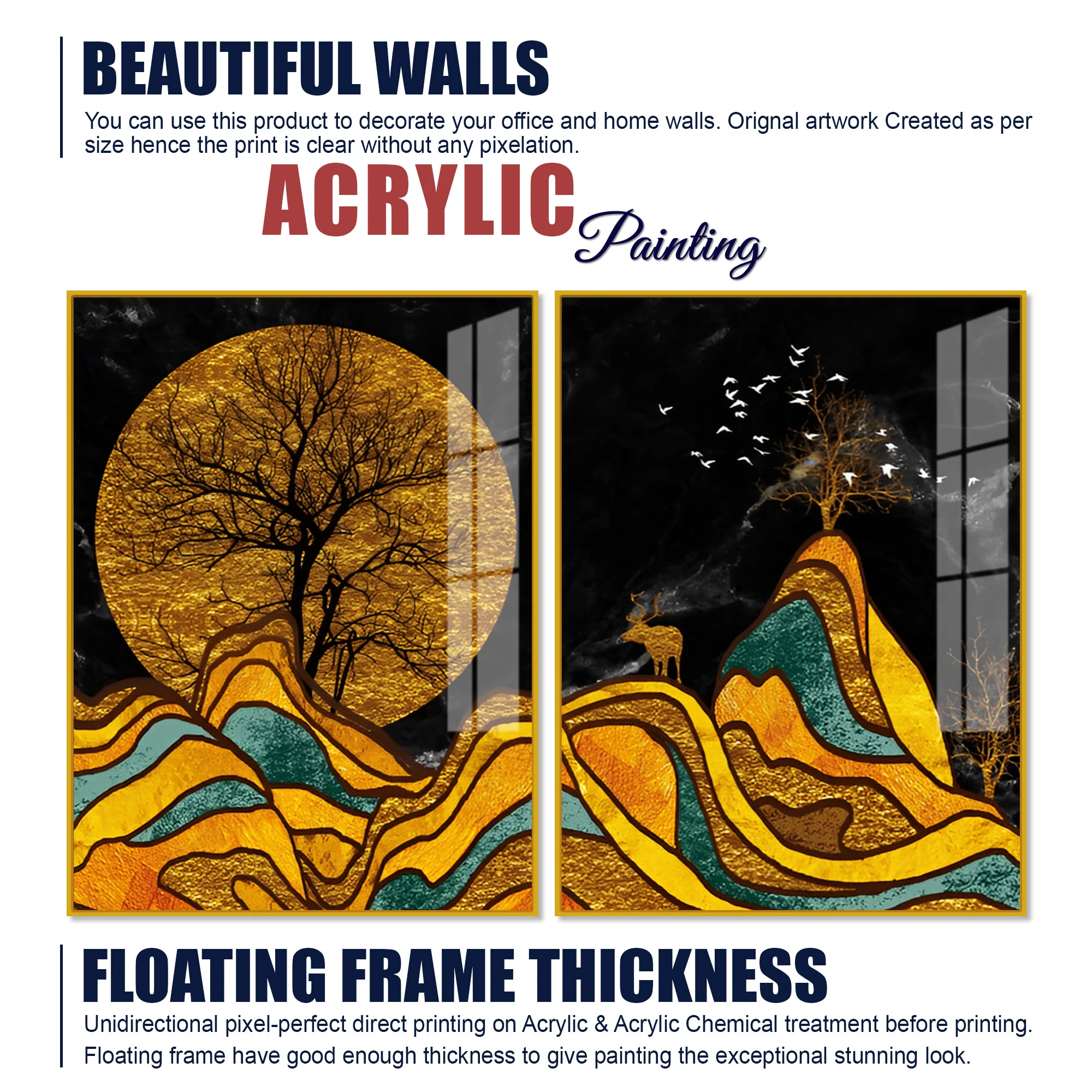 Classic Nature Art with Golden Textured Acrylic Art Floating Wall Painting Set of 2 - Image 5