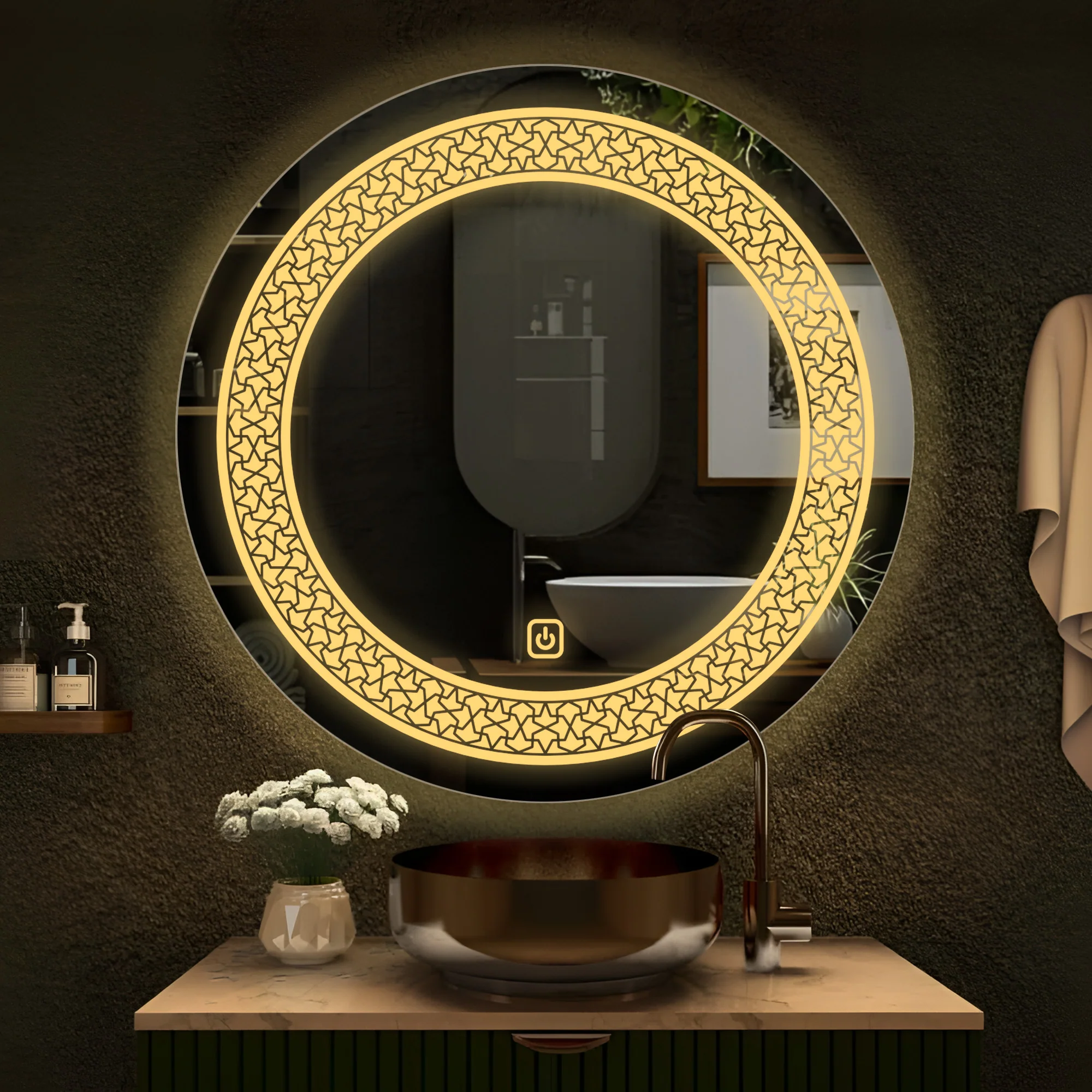 Classic Pattern Design Art LED Rounded Shape Bathroom Wall Mirror - Image 2