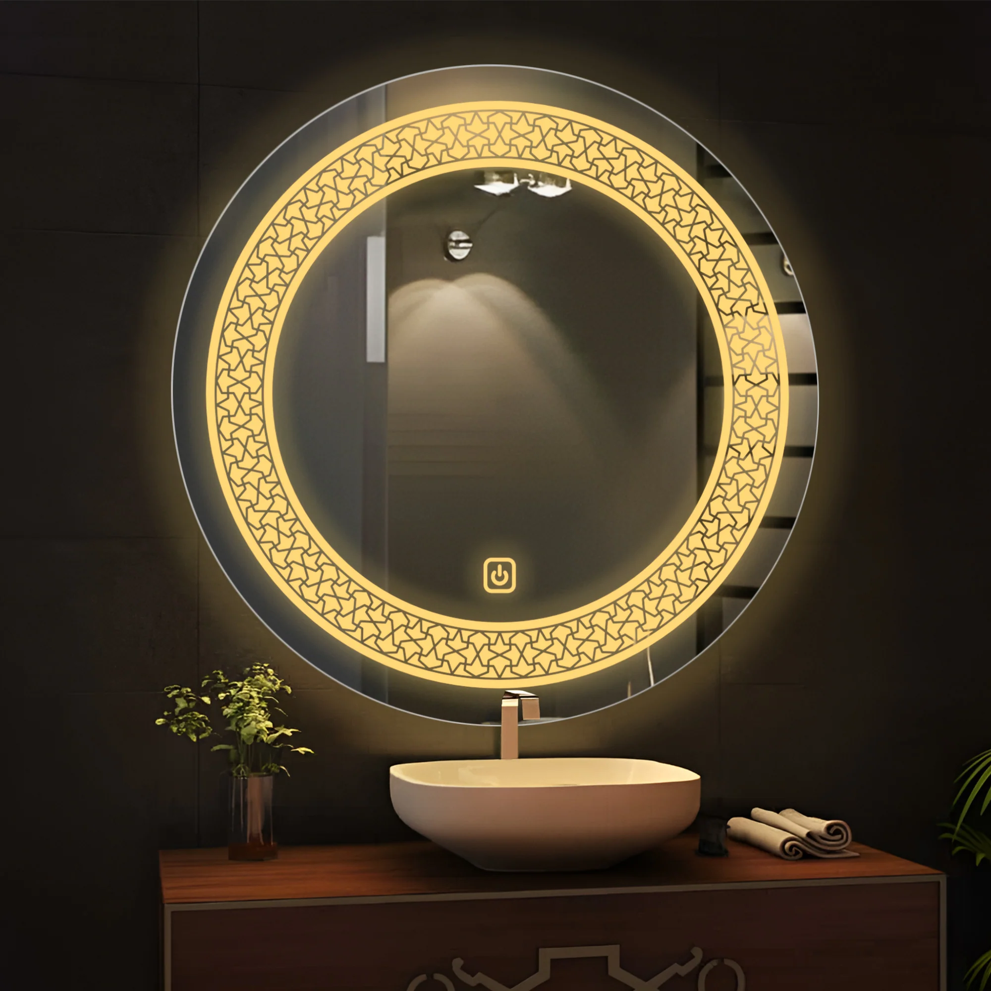 Classic Pattern Design Art LED Rounded Shape Bathroom Wall Mirror - Image 3