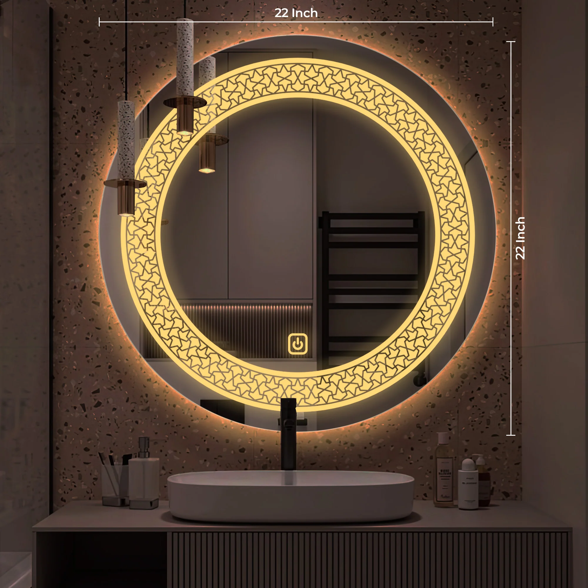 Classic Pattern Design Art LED Rounded Shape Bathroom Wall Mirror - Image 4