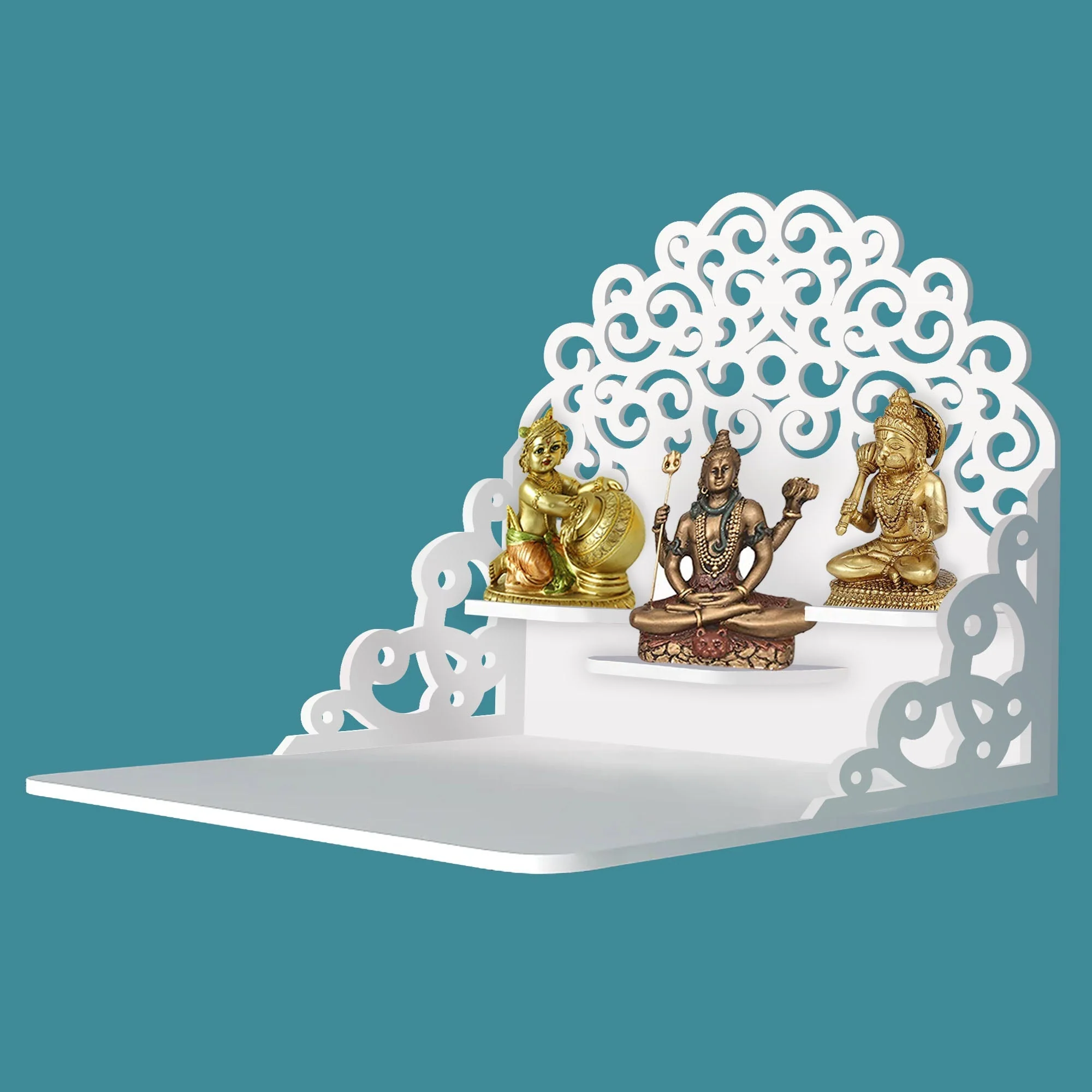 Classic Pattern Designer Wall Hanging Wooden Temple/ Pooja Mandir Design with Shelf, White Color - Image 2