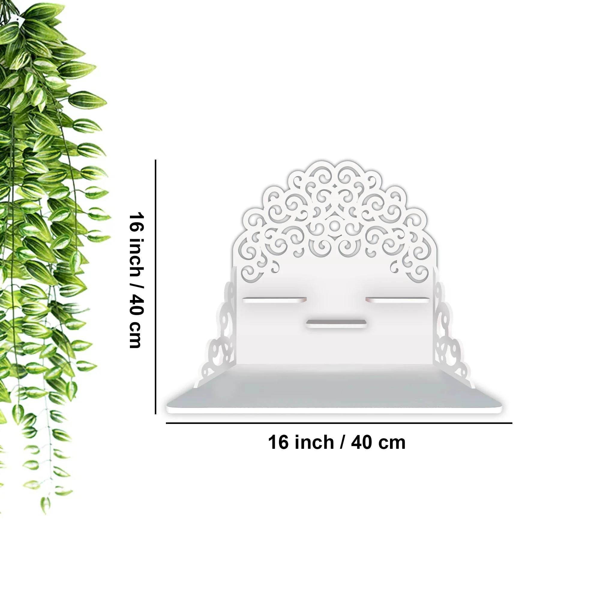 Classic Pattern Designer Wall Hanging Wooden Temple/ Pooja Mandir Design with Shelf, White Color - Image 3