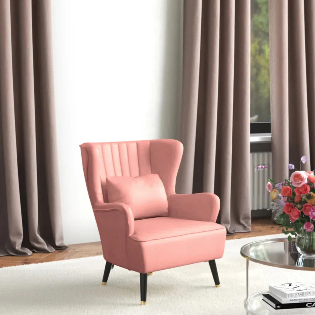 Classic Peach Chic Tufted Sofa Lounge Chair with Cushion - Image 2