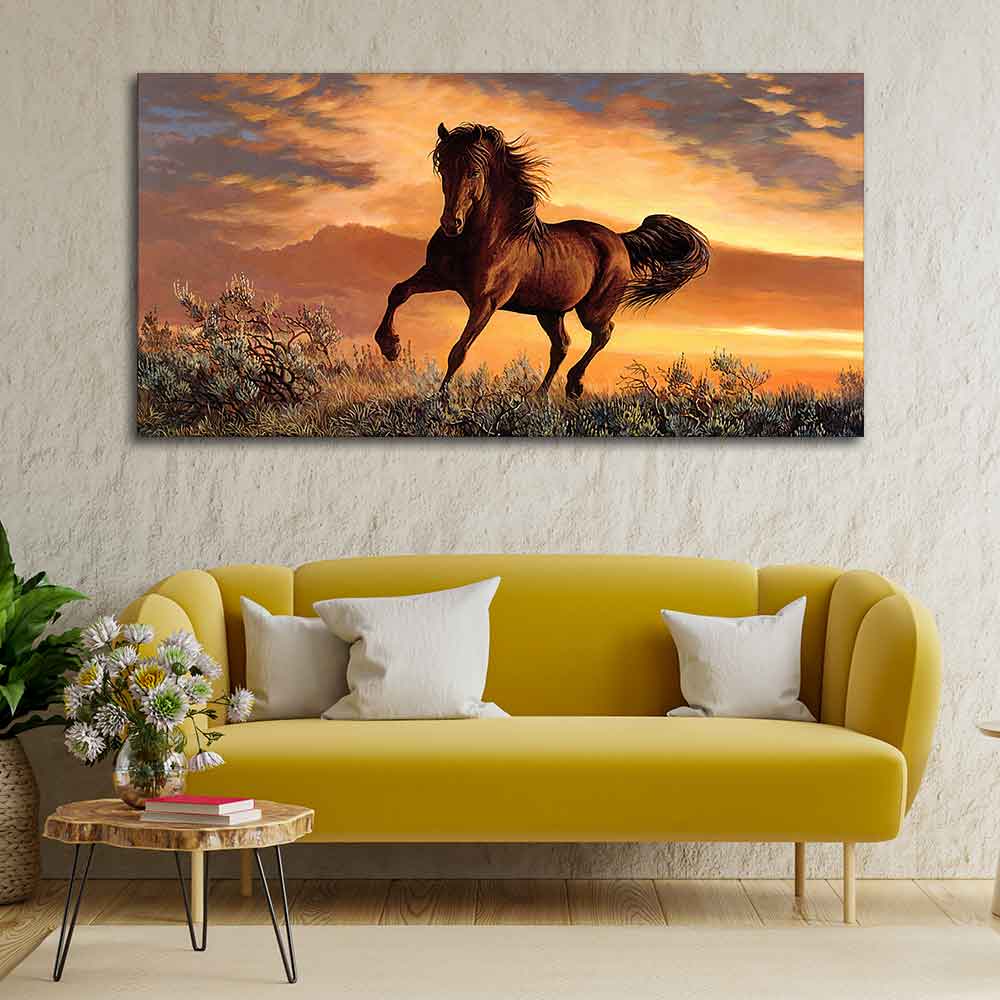 Classic Premium Quality Wall Painting of Brown Horse in Sunset - Image 2