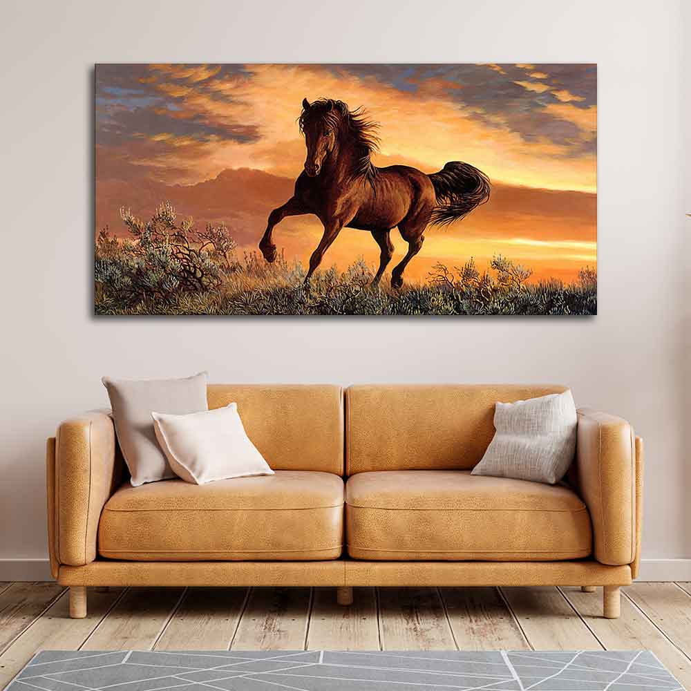 Classic Premium Quality Wall Painting of Brown Horse in Sunset - Image 3