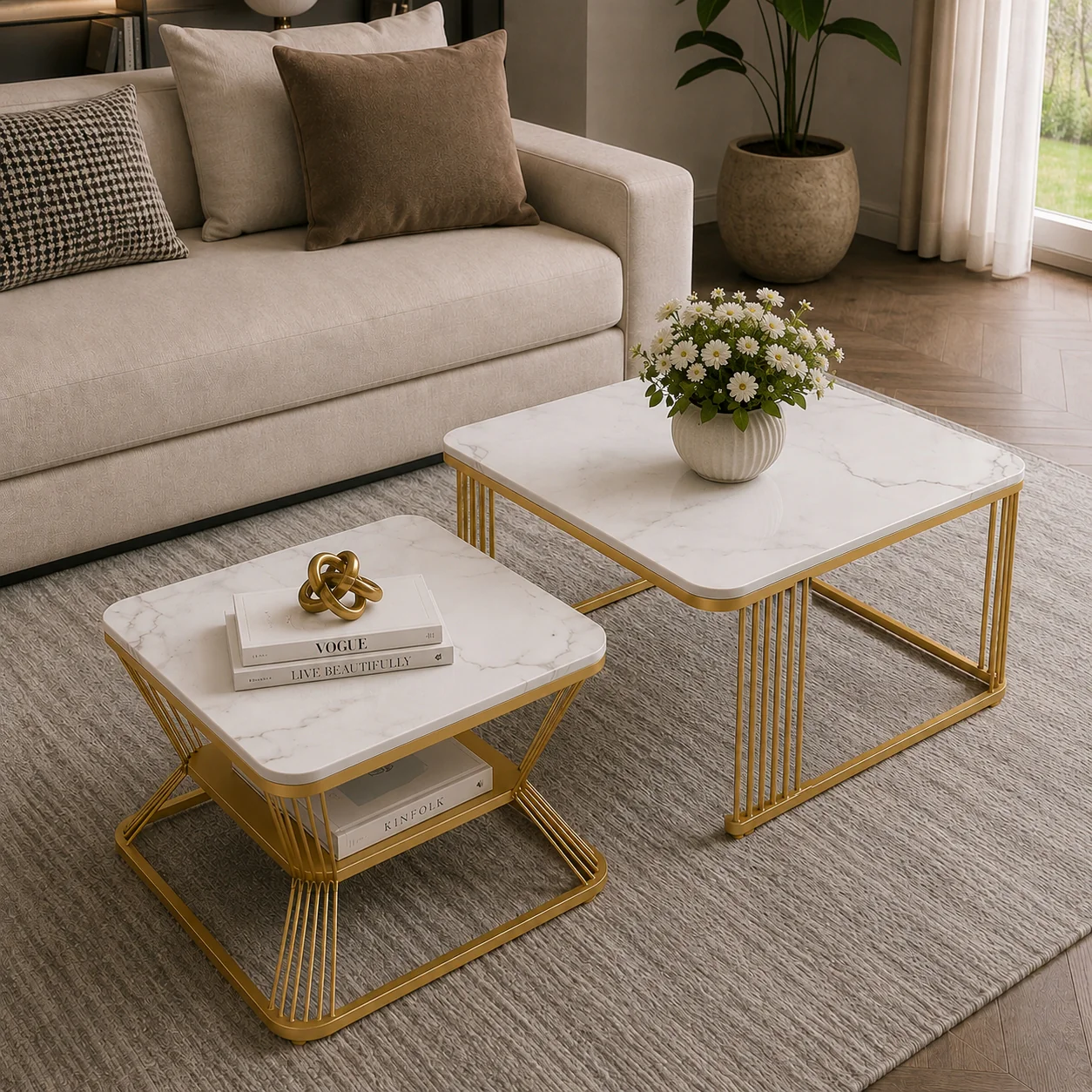 Classic Square Tethered Golden Metallic Table Set of 2 - Image 2