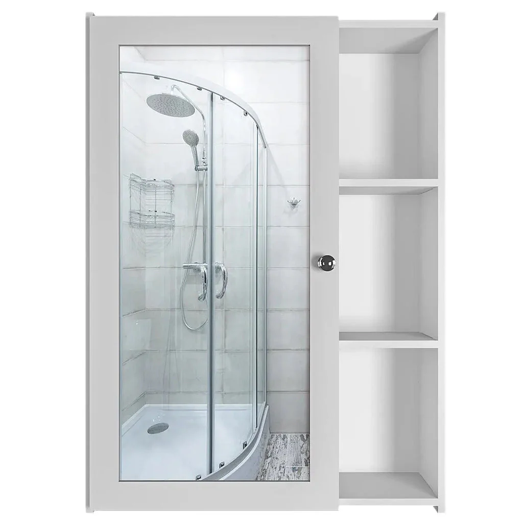 Classic Style White Finish Wooden Bathroom Mirror Cabinet with 5 Spacious Shelves - Image 4