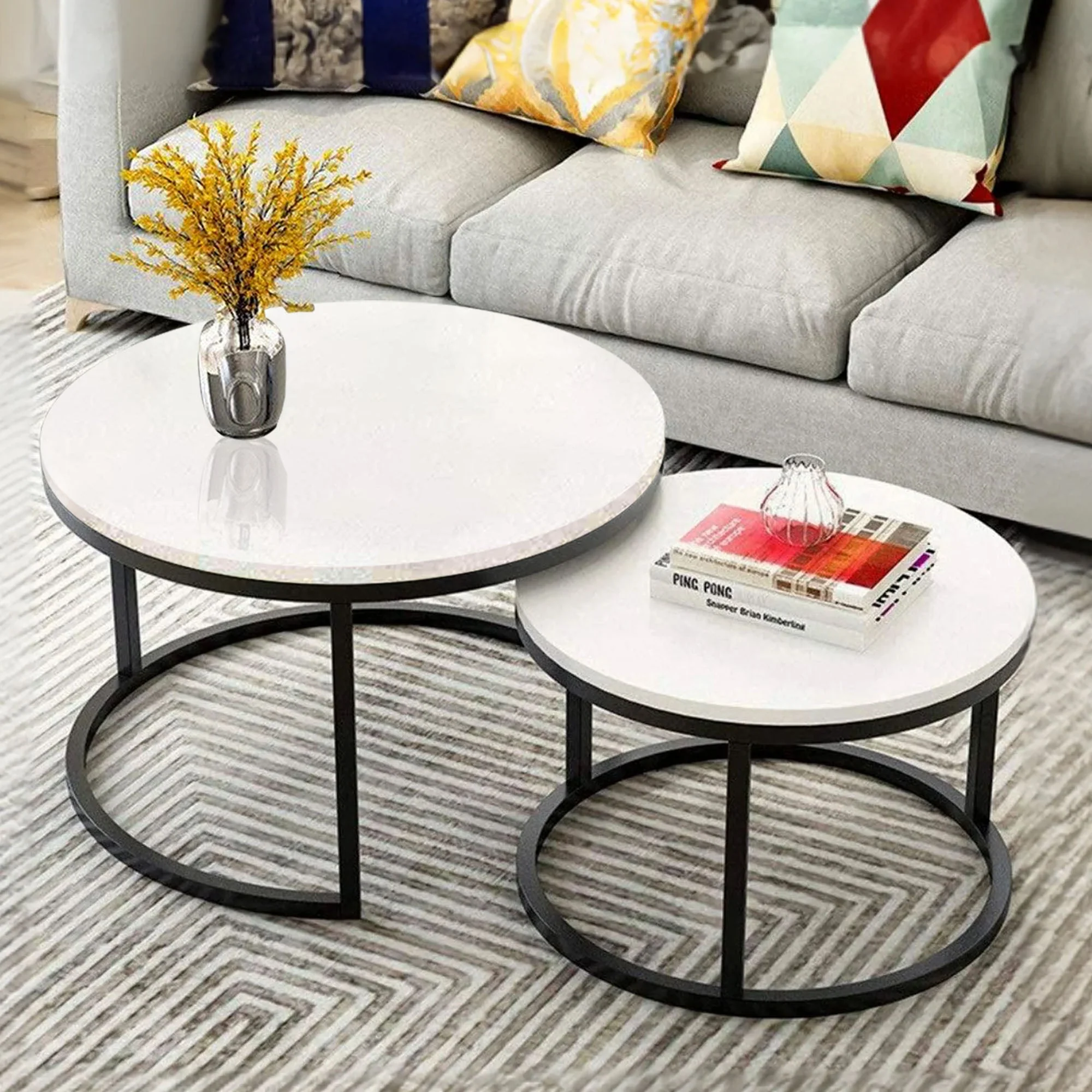 Classic White with Black Metallic Finish Round Coffee Table Set of 2 - Image 3