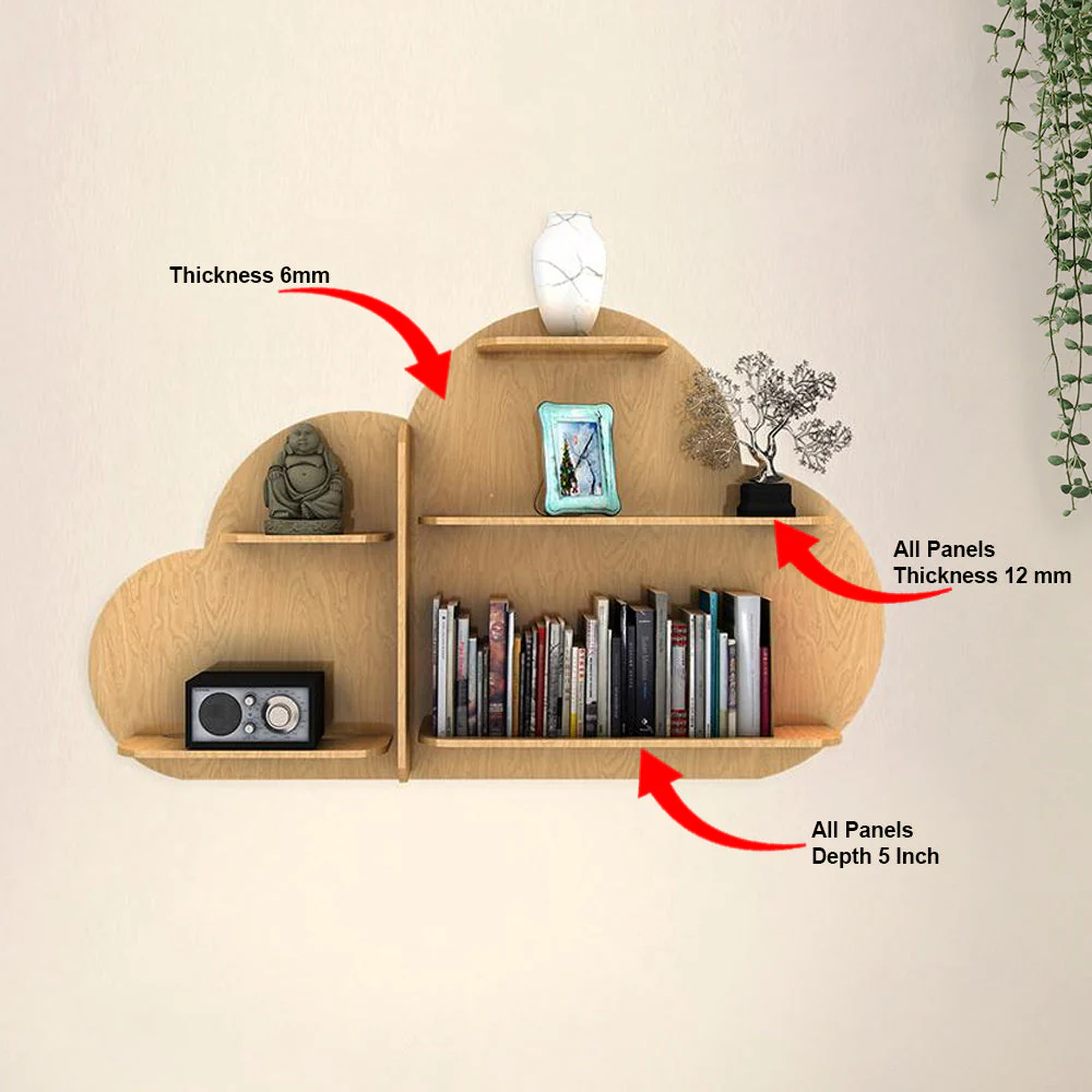 Cloud Shape Backlit Designer Wooden Wall Shelf / Book Shelf / Night Light, Light Oak Finish - Image 5
