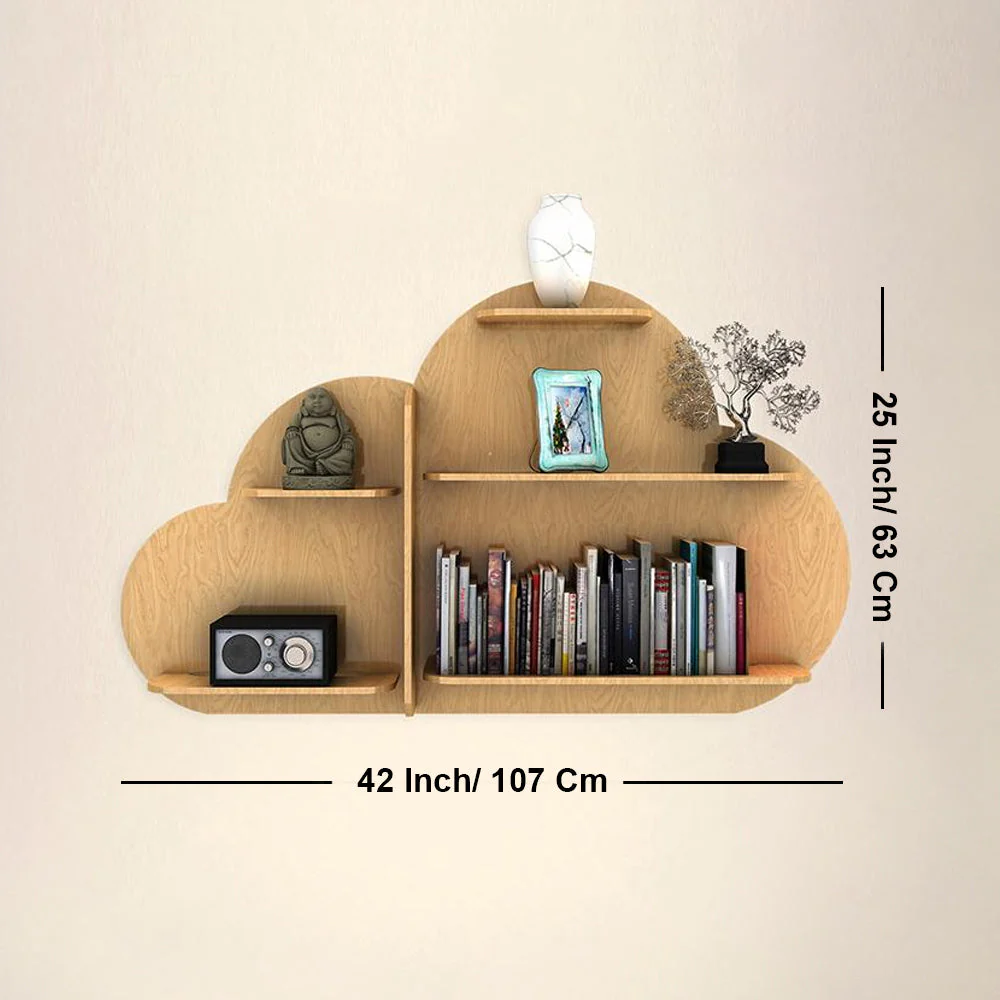 Cloud Shape Backlit Designer Wooden Wall Shelf / Book Shelf / Night Light, Light Oak Finish - Image 6