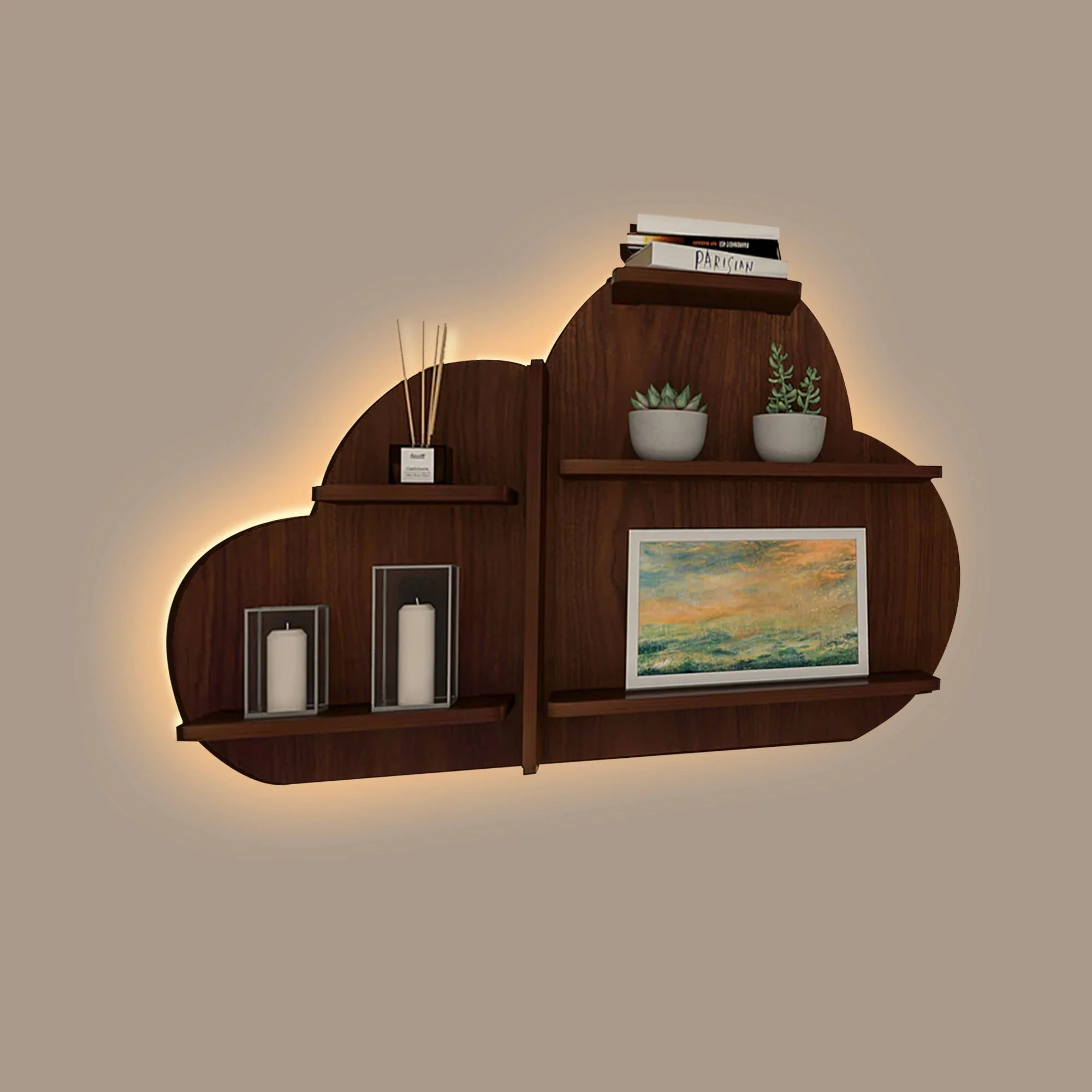 Cloud Shape Backlit Designer Wooden Wall Shelf / Book Shelf / Night Light, Walnut Finish - Image 2