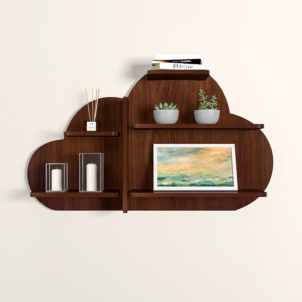 Cloud Shape Backlit Designer Wooden Wall Shelf / Book Shelf / Night Light, Walnut Finish - Image 3