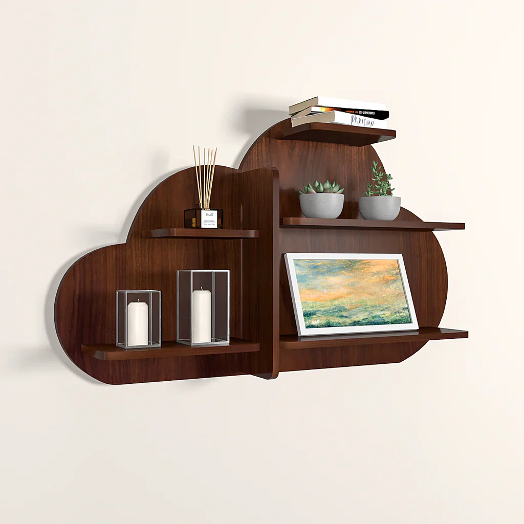 Cloud Shape Backlit Designer Wooden Wall Shelf / Book Shelf / Night Light, Walnut Finish - Image 4