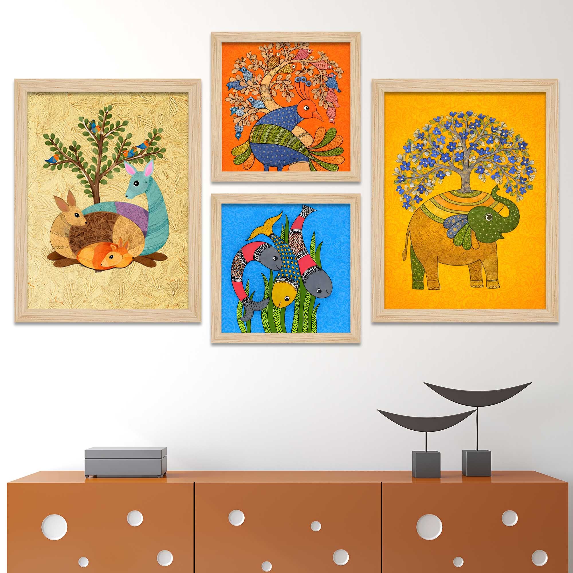 Colorful Animal Traditional Indian Folk Art Wall Frame Set of Four - Image 2