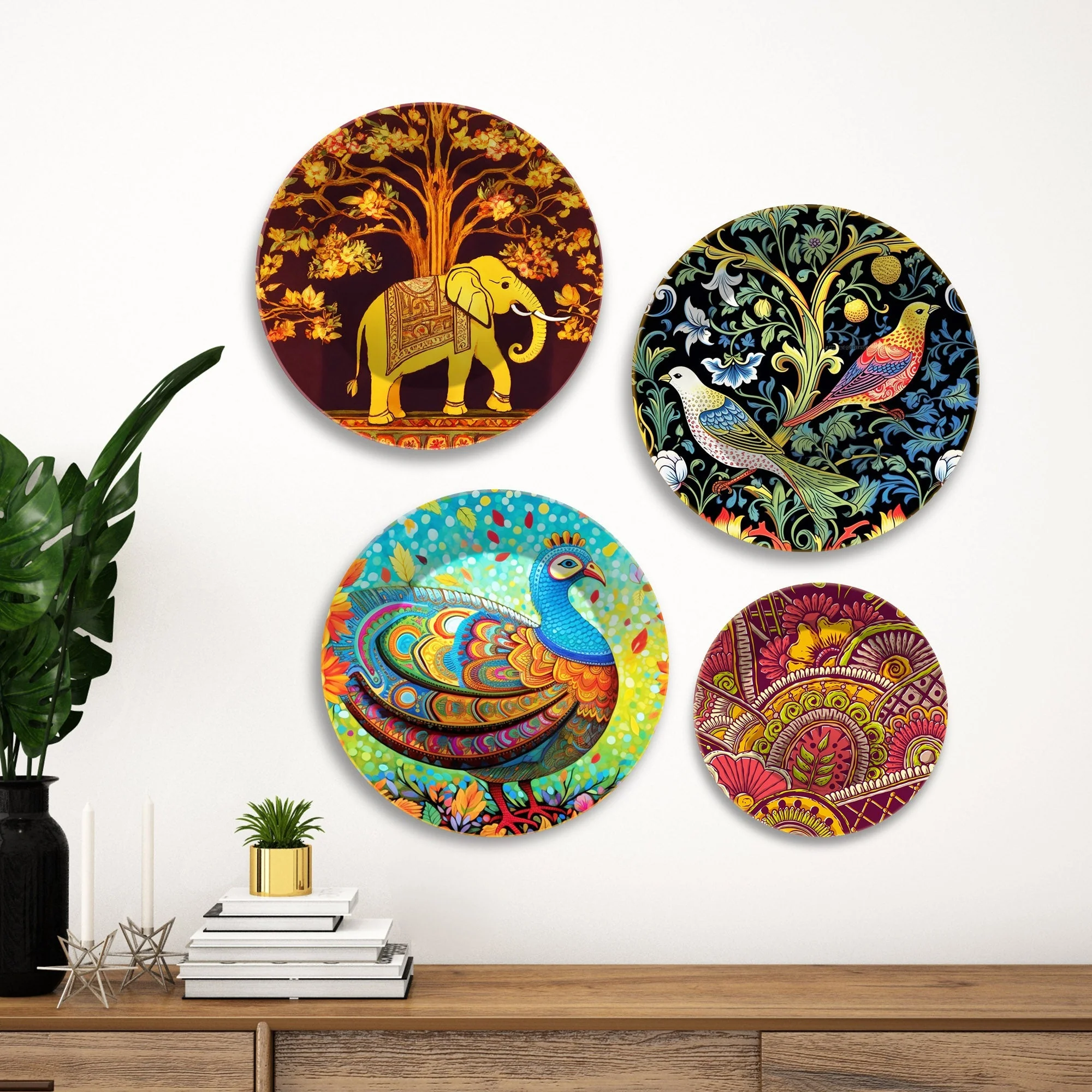 Colorful Art Birds and Elephant Wall Plates Painting Set of Four - Image 3
