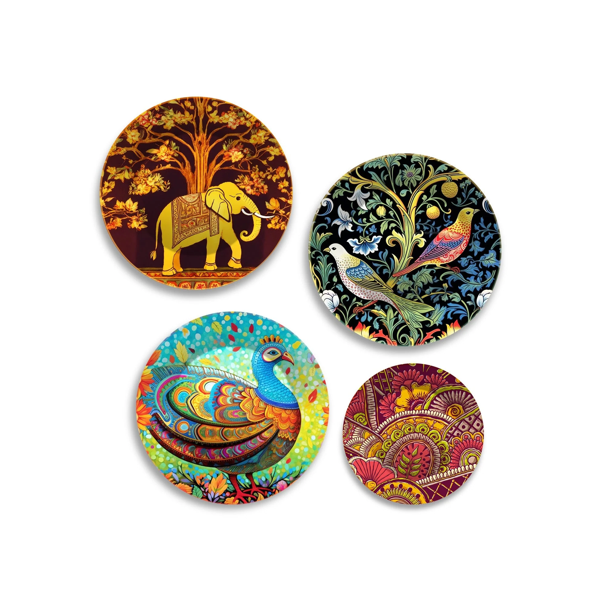 Colorful Art Birds and Elephant Wall Plates Painting Set of Four - Image 4