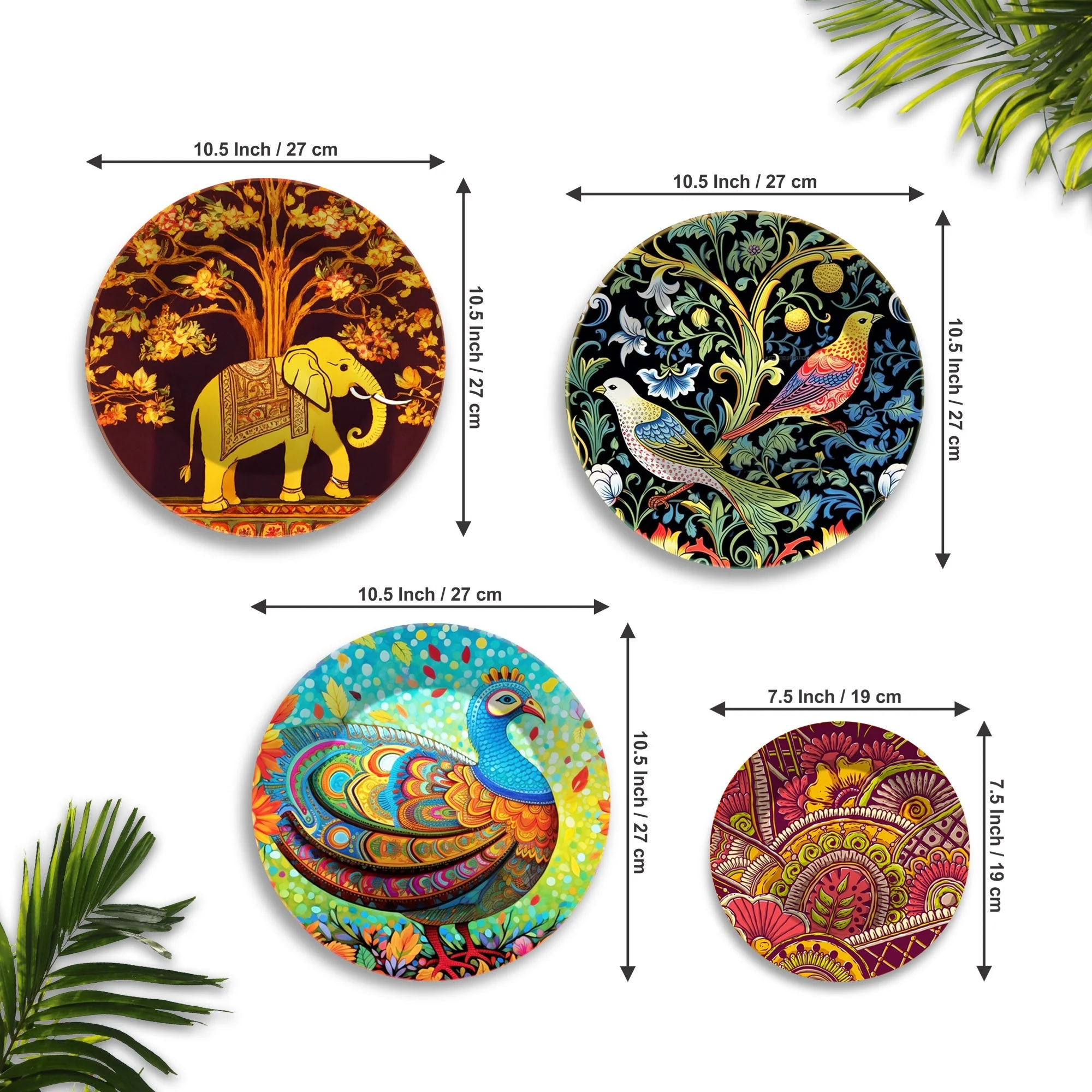 Colorful Art Birds and Elephant Wall Plates Painting Set of Four - Image 6