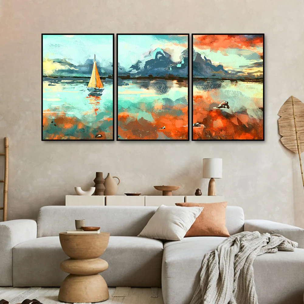 Colorful Art of Sea With Ship Floating Wall Painting Set of 3 - Image 2