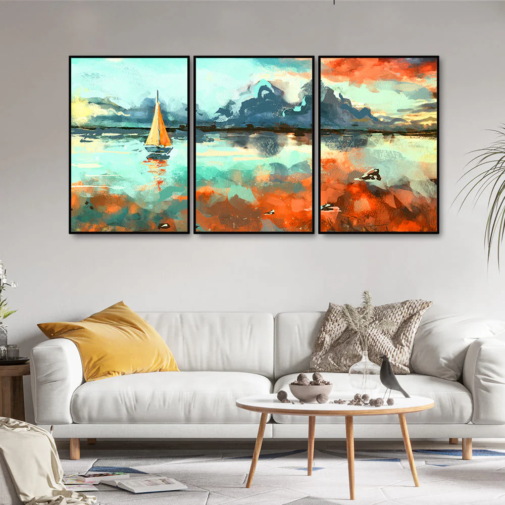 Colorful Art of Sea With Ship Floating Wall Painting Set of 3 - Image 3