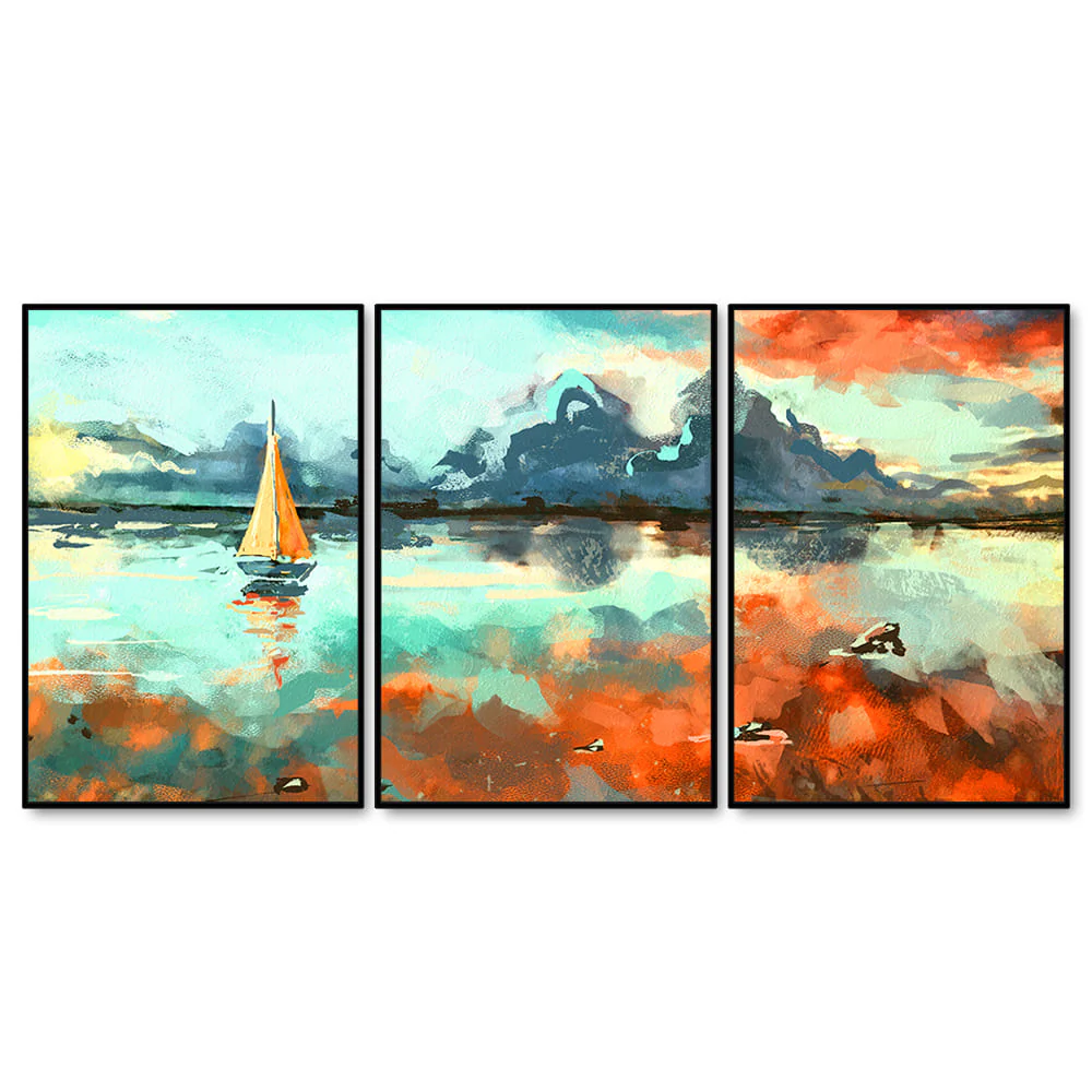 Colorful Art of Sea With Ship Floating Wall Painting Set of 3 - Image 4