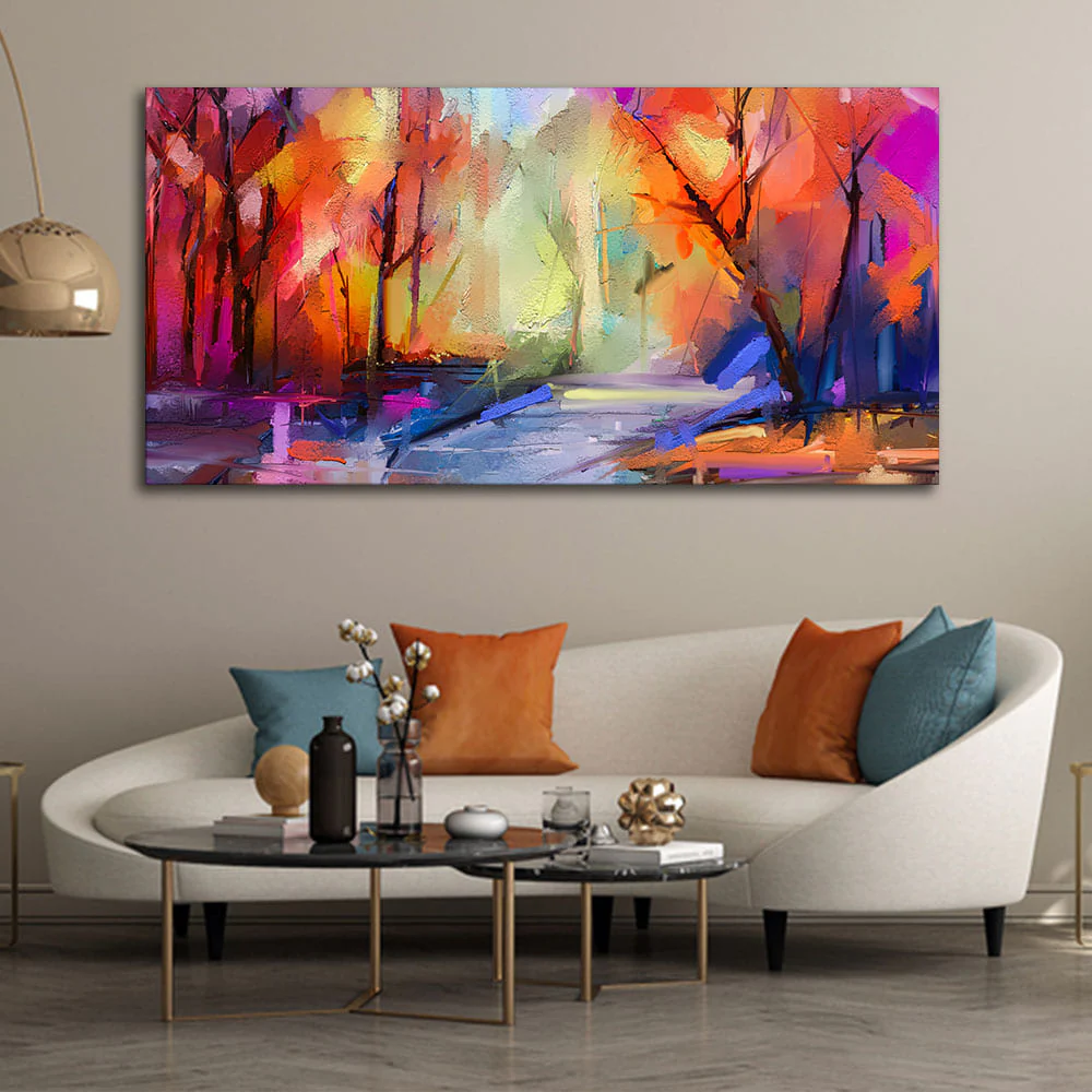 Colorful Autumn Trees Semi Abstract Forest with Lake Canvas Wall Painting - Image 2