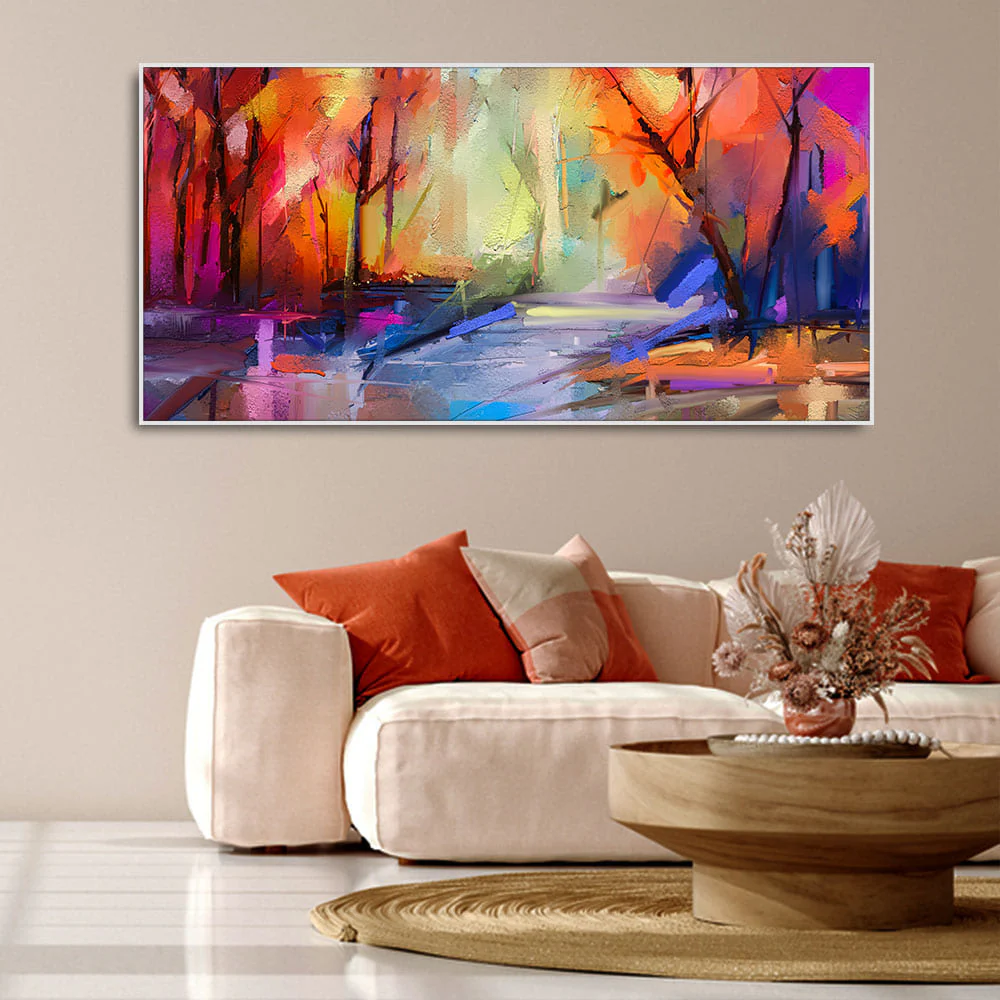Colorful Autumn Trees Semi Abstract Forest with Lake Canvas Wall Painting - Image 3