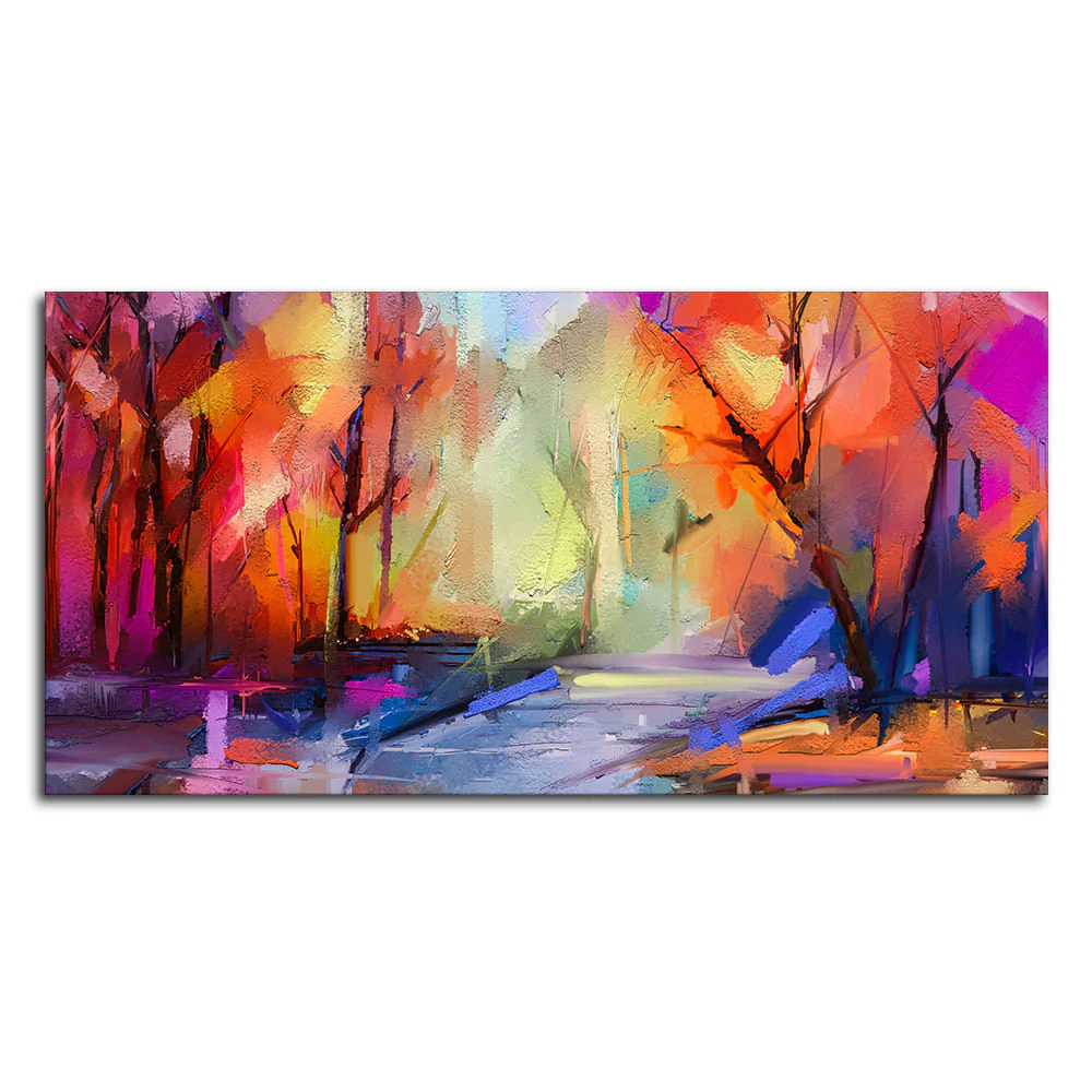 Colorful Autumn Trees Semi Abstract Forest with Lake Canvas Wall Painting - Image 4