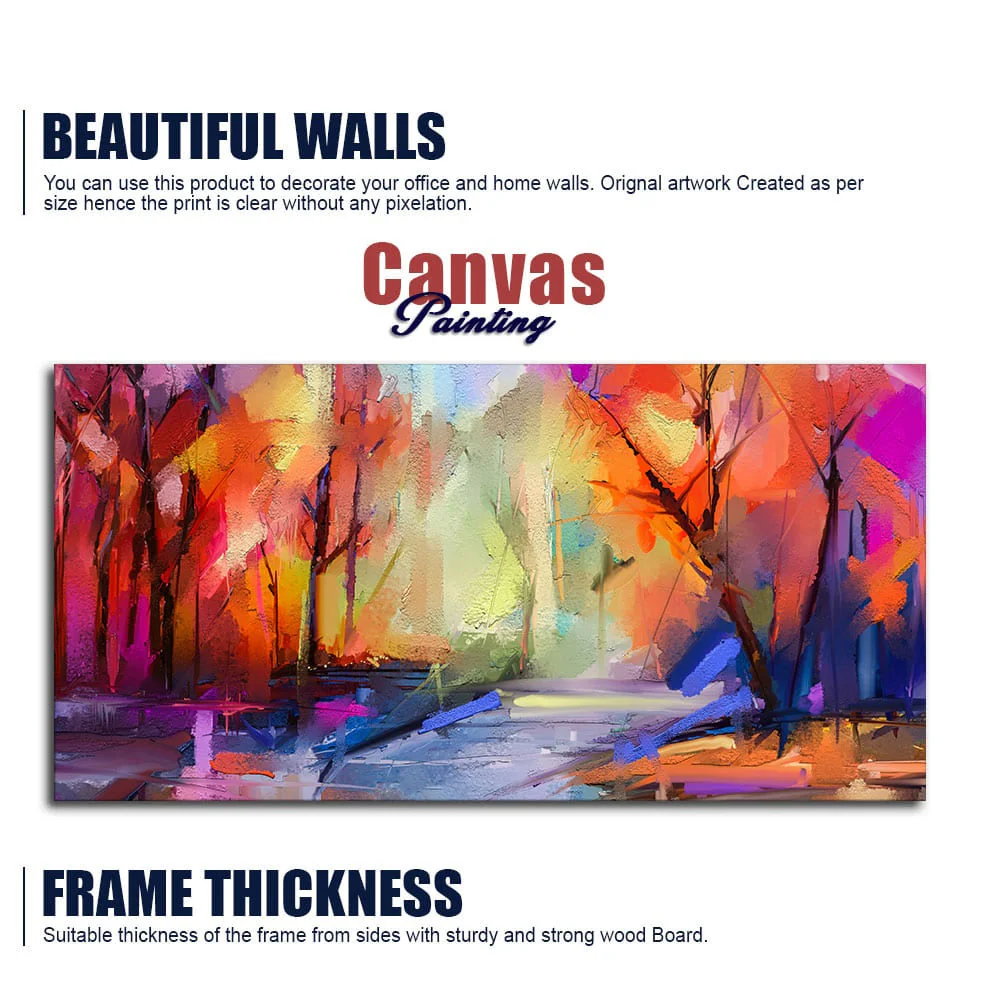 Colorful Autumn Trees Semi Abstract Forest with Lake Canvas Wall Painting - Image 6