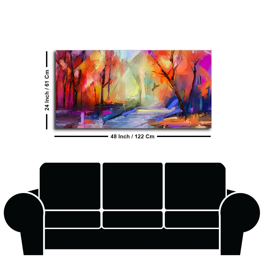 Colorful Autumn Trees Semi Abstract Forest with Lake Canvas Wall Painting - Image 7