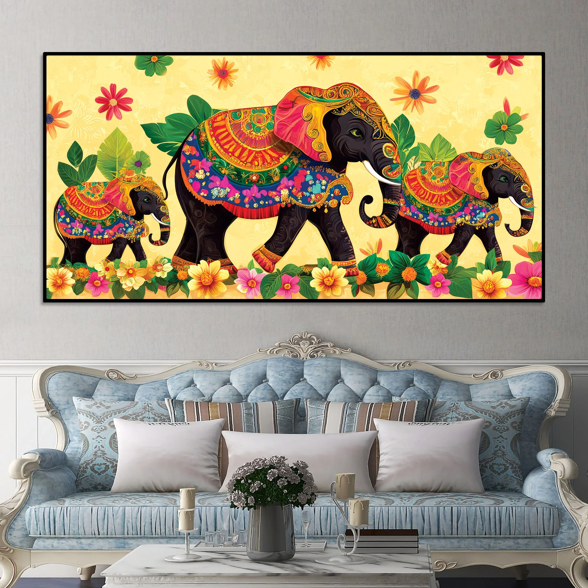 Colorful Elephant Family Premium Wall Painting - Image 2