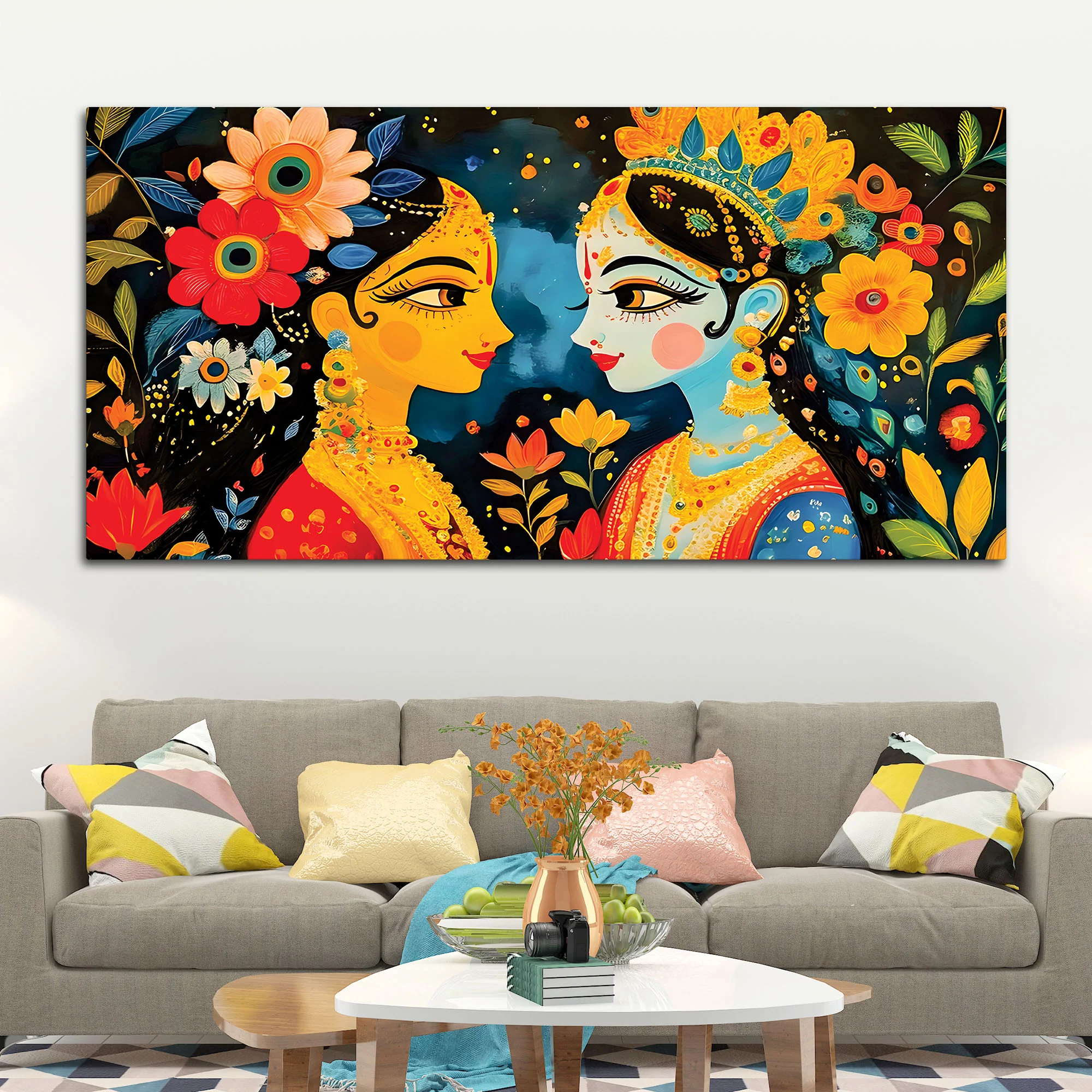 Colorful Expressive Faces Floral Theme Painting - Image 3
