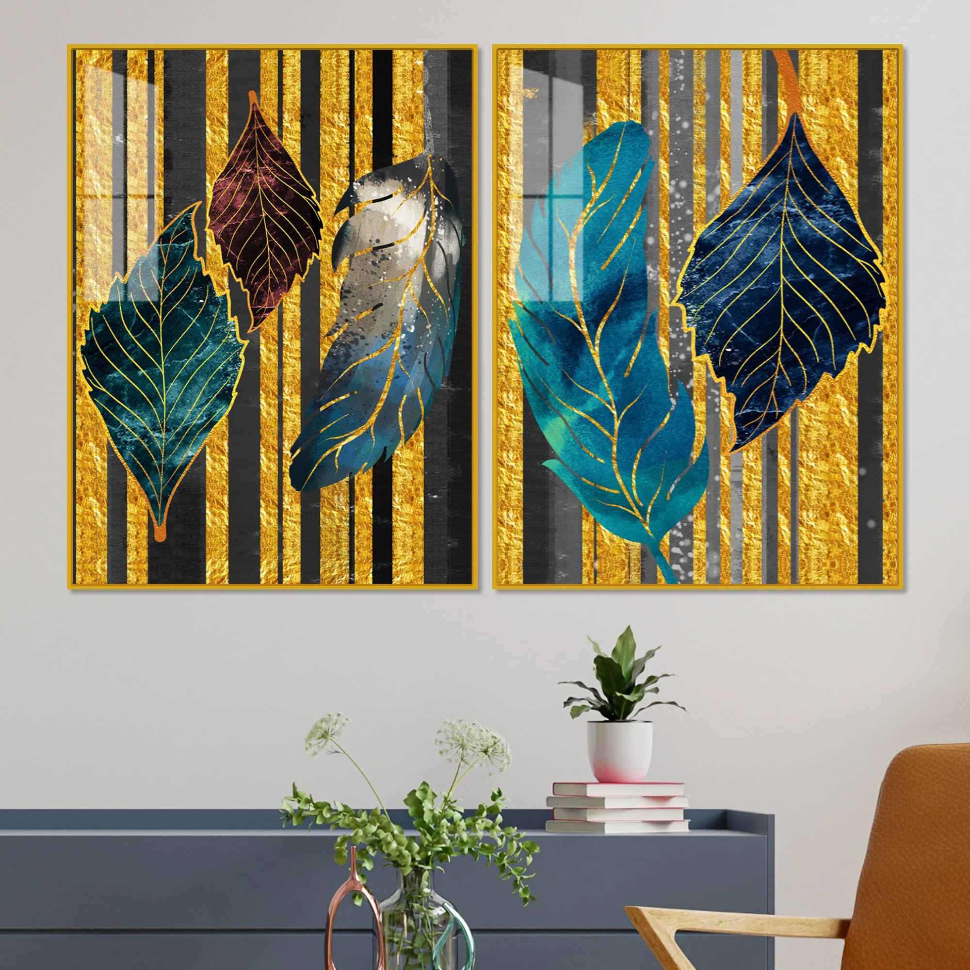 Colorful Feathers Premium Acrylic Art Floating Wall Painting Set of 2 - Image 2