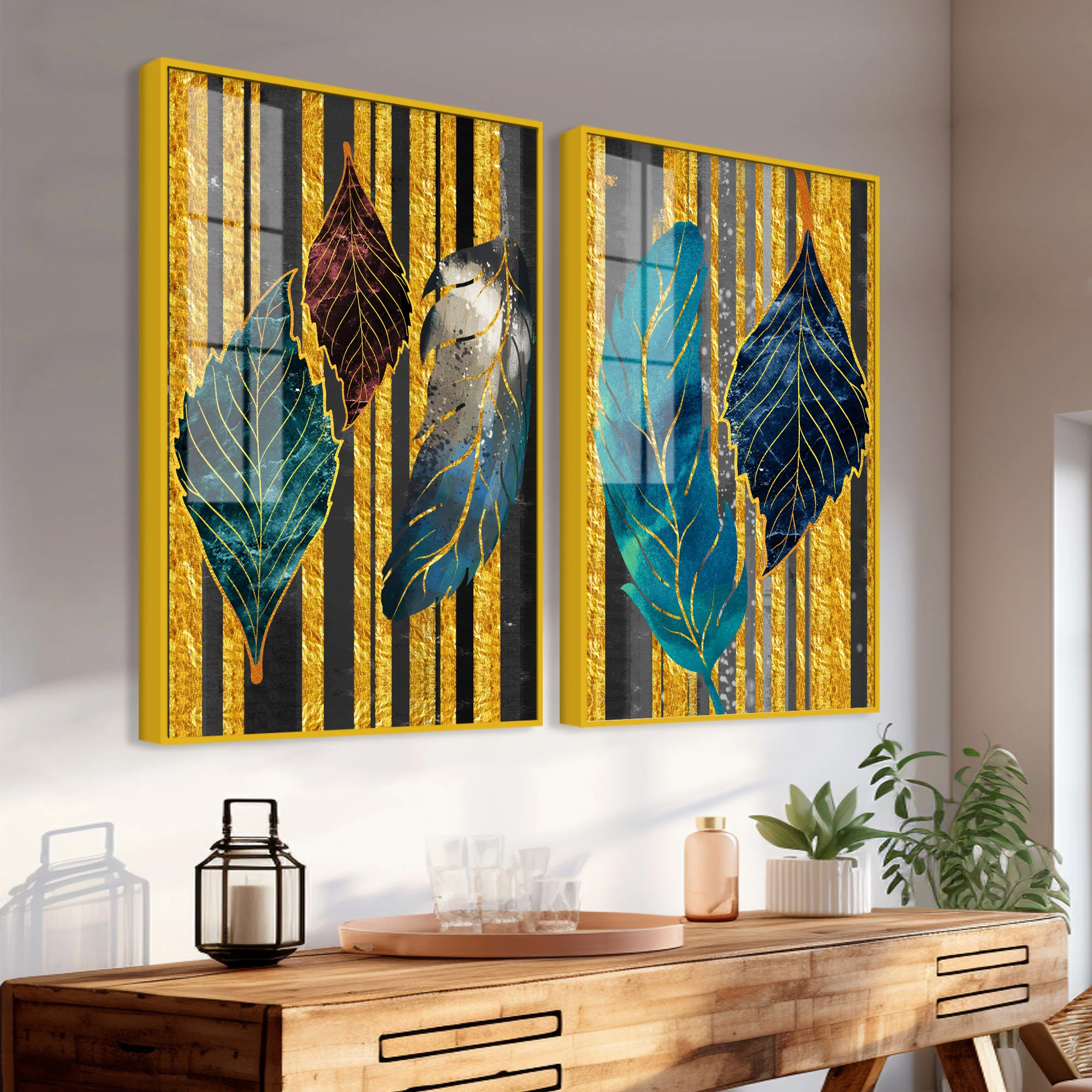 Colorful Feathers Premium Acrylic Art Floating Wall Painting Set of 2 - Image 3