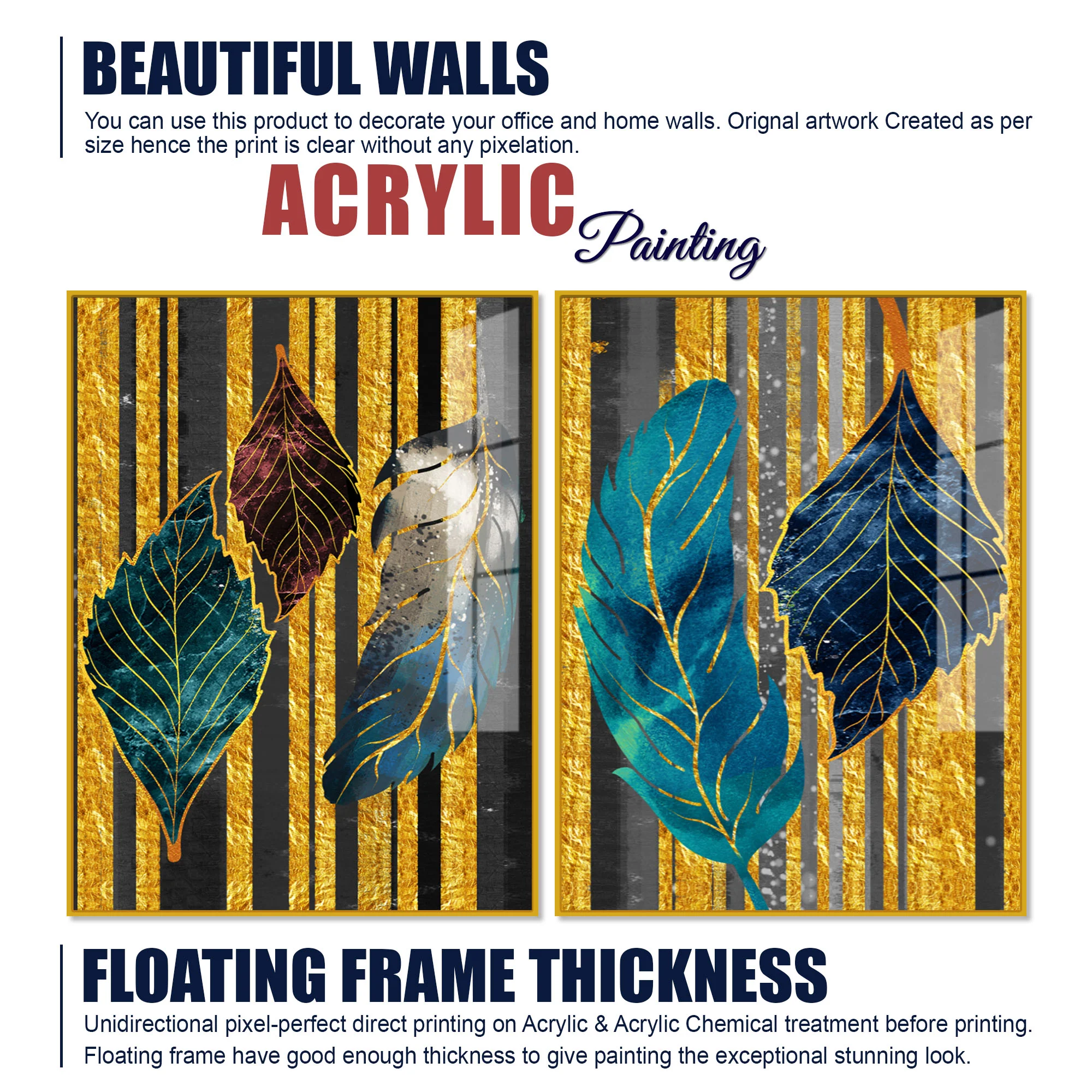 Colorful Feathers Premium Acrylic Art Floating Wall Painting Set of 2 - Image 5