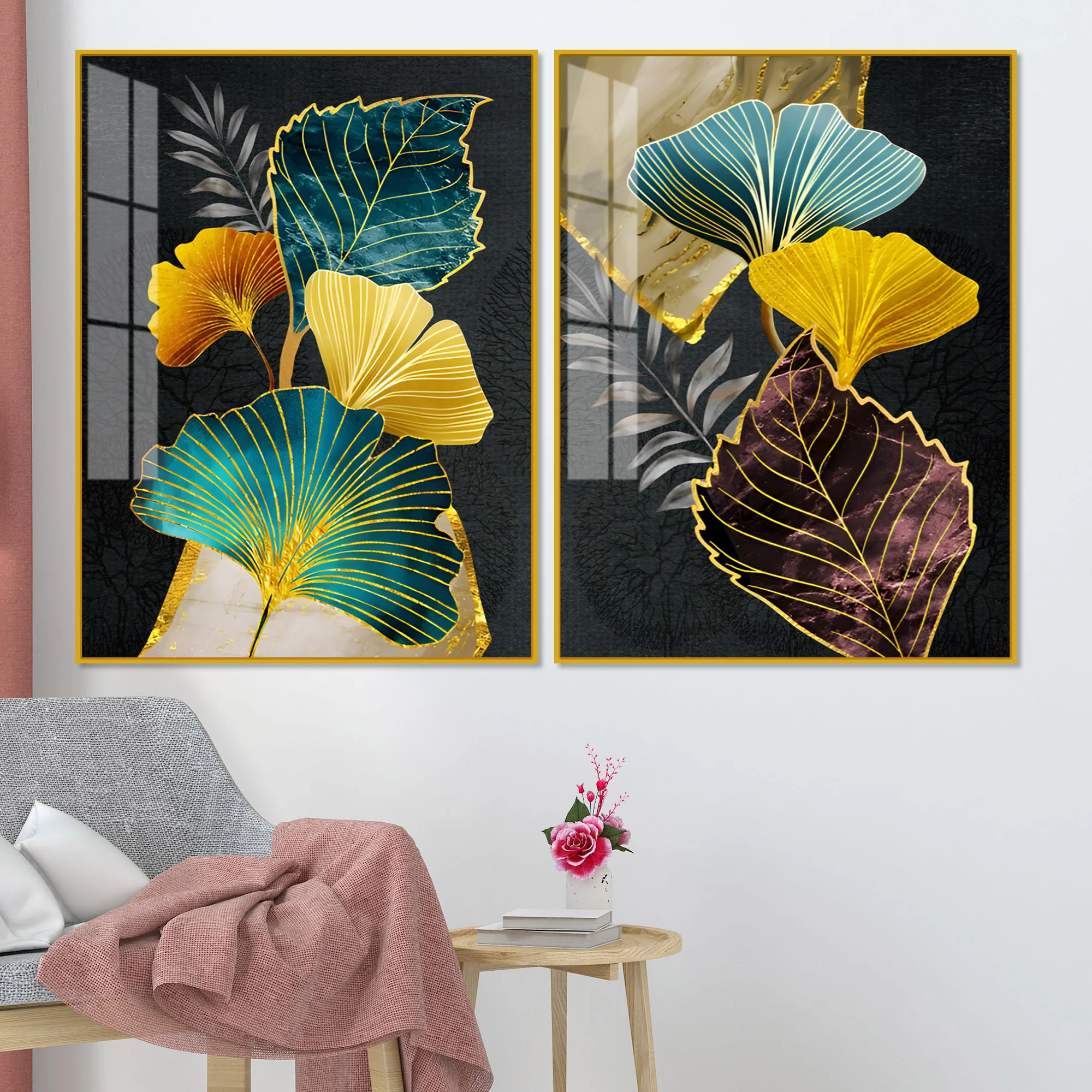 Colorful Ginkgo Leaves Acrylic Art Floating Wall Painting Set of 2 - Image 2