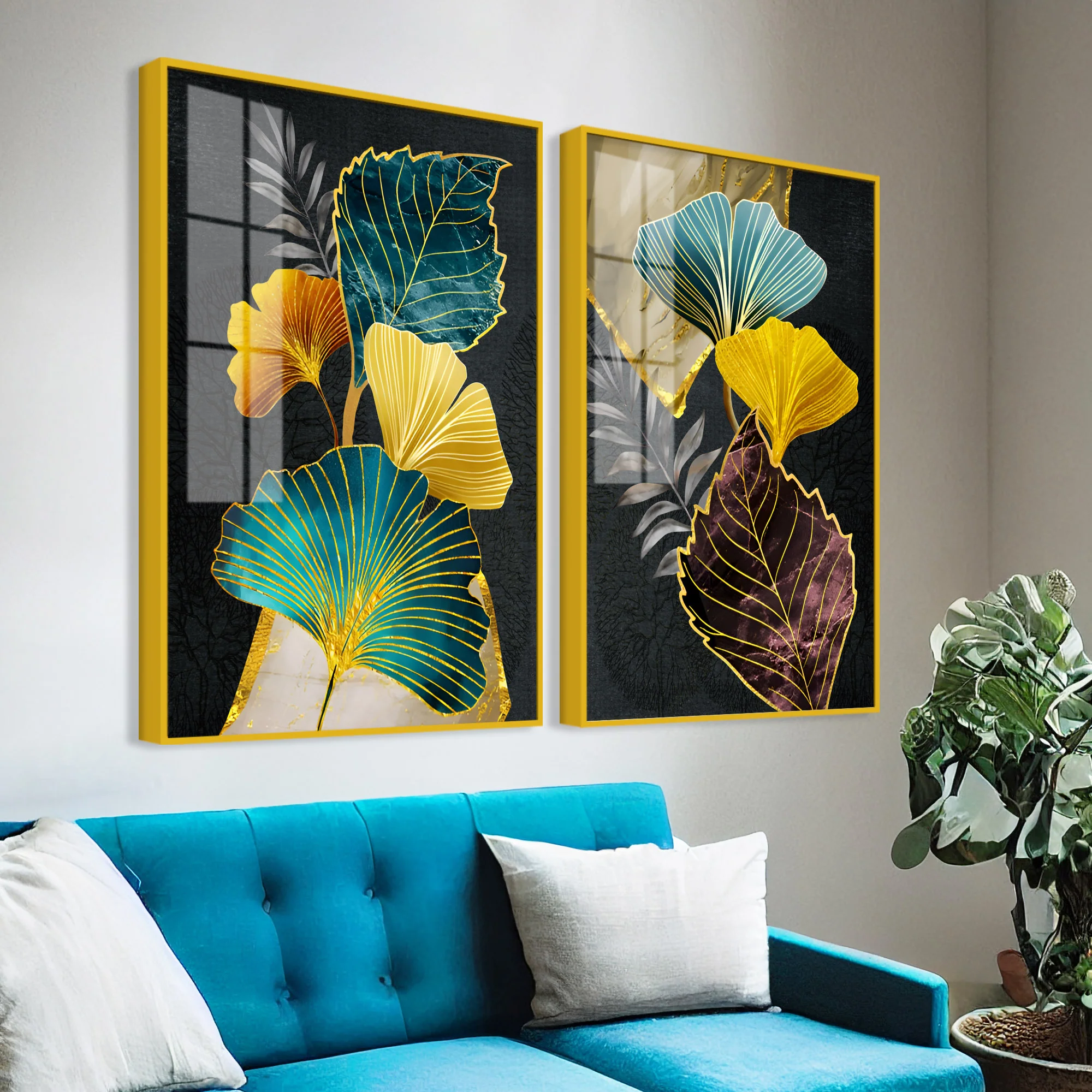 Colorful Ginkgo Leaves Acrylic Art Floating Wall Painting Set of 2 - Image 3